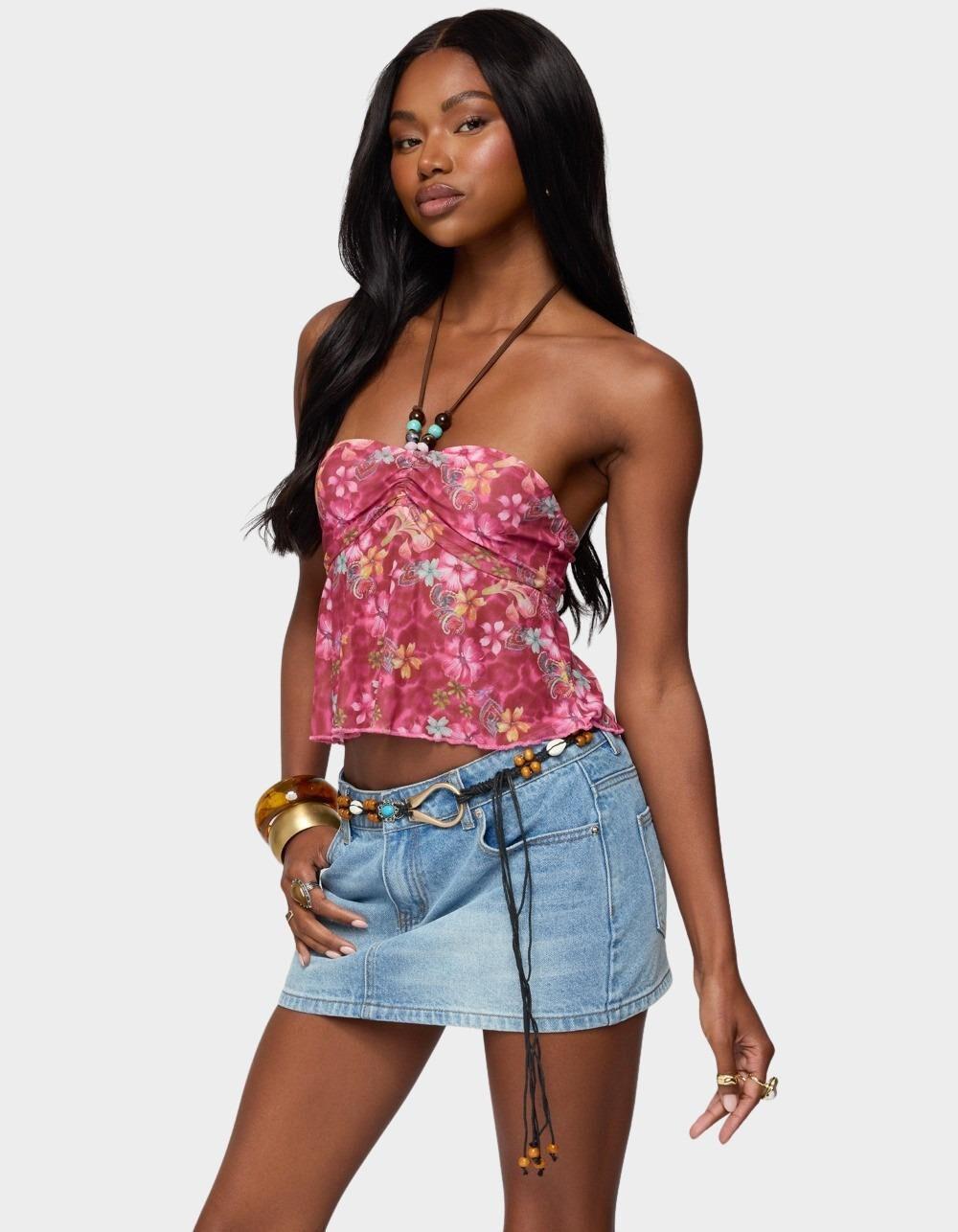 EDIKTED Solana Floral Cut Out Halter Top - PINK Product Image