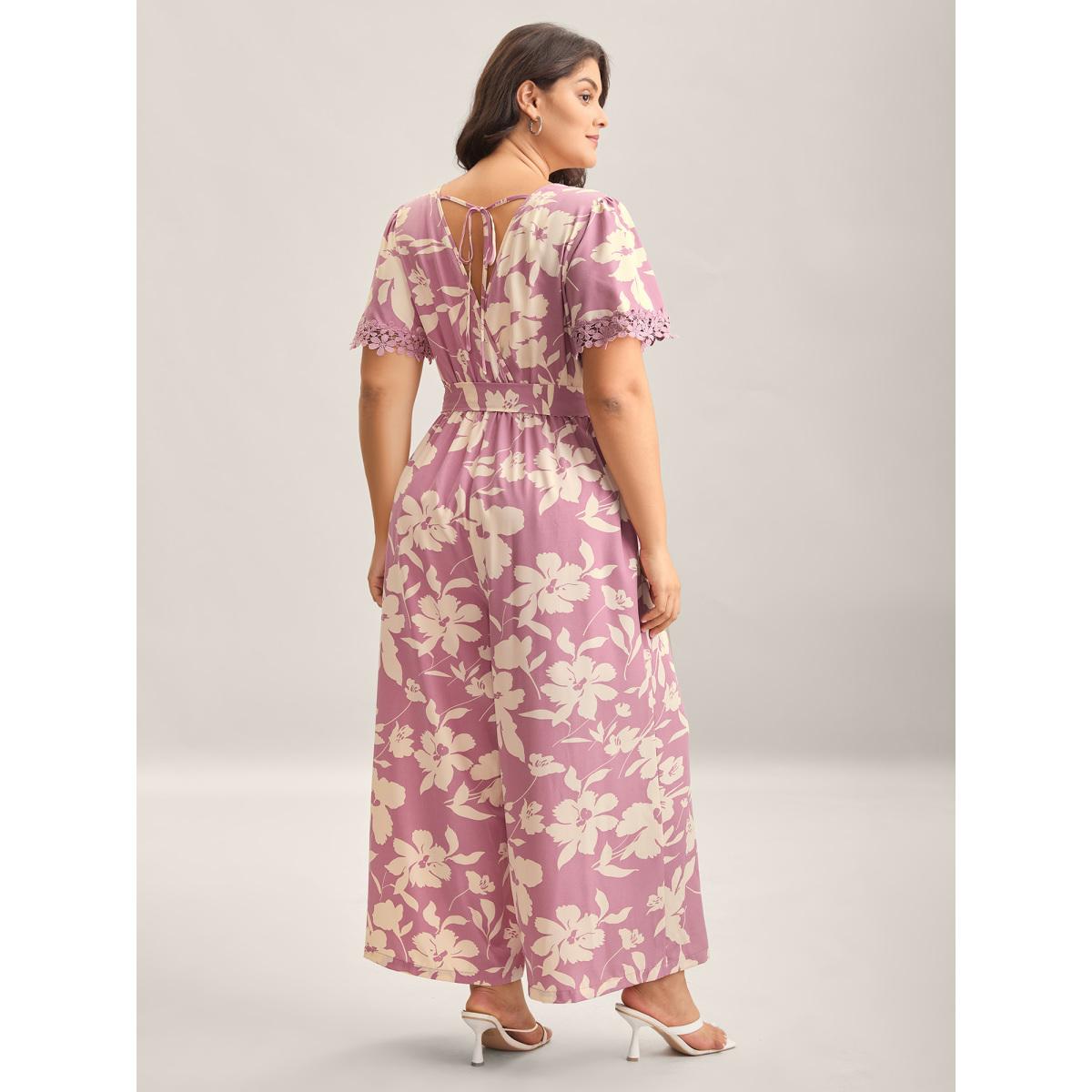 Plus Size Beanpastepowder Floral Print Back Tie Jumpsuit Women Timeless Short sleeve V-neck Elegant Loose Jumpsuits BloomChic 26/4X Product Image