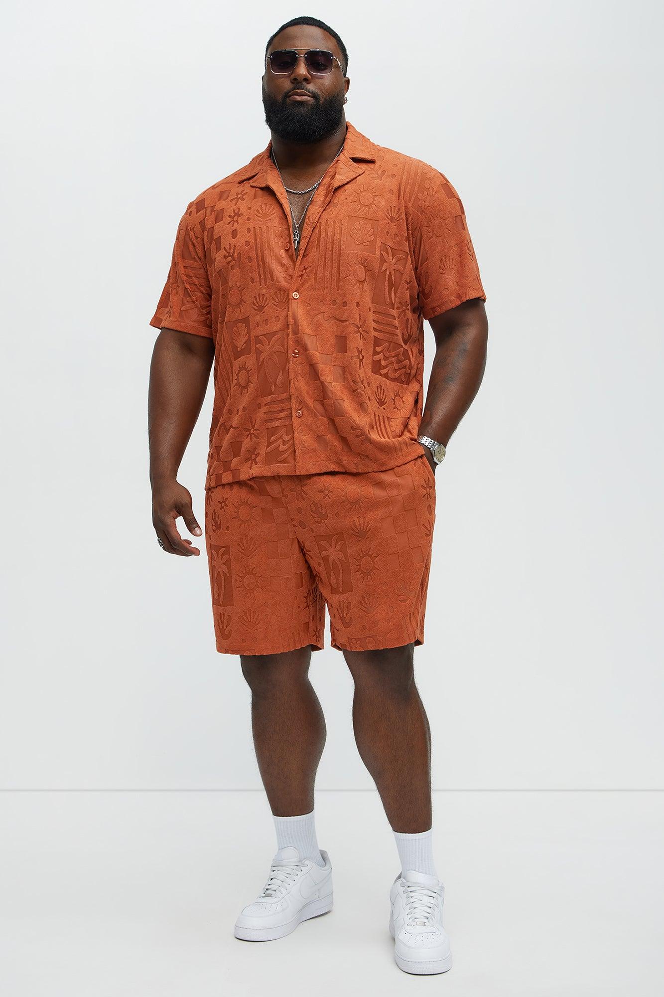 Tropical Trees Jacquard Short Sleeve Button Up Shirt - Rust Product Image