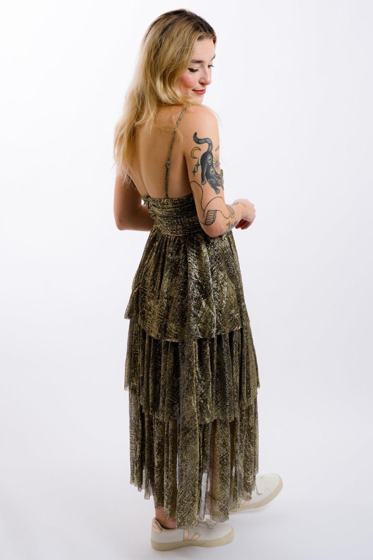 Moon River Metallic Cut-Out Tiered Maxi Dress - Black Gold Product Image