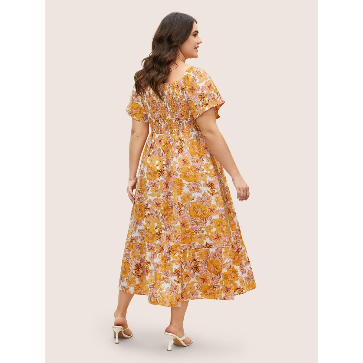 Plus Size Floral Heart Neckline Flutter Sleeve Dress Turmeric Women Elegant Twist Heart neckline Short sleeve Curvy BloomChic 22-24/3X Product Image