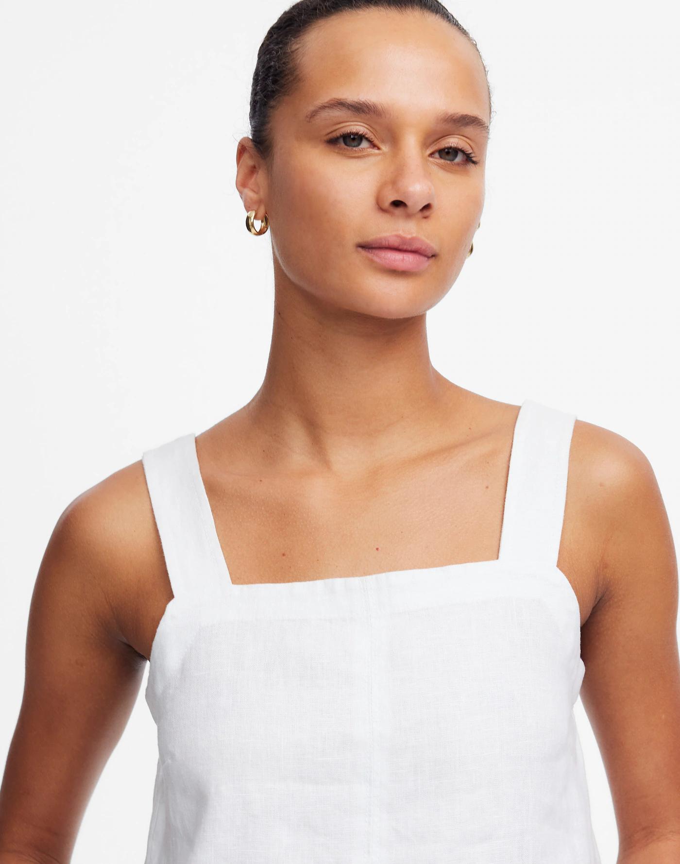 Contrast-Stitch Squareneck Top in 100% Linen Product Image