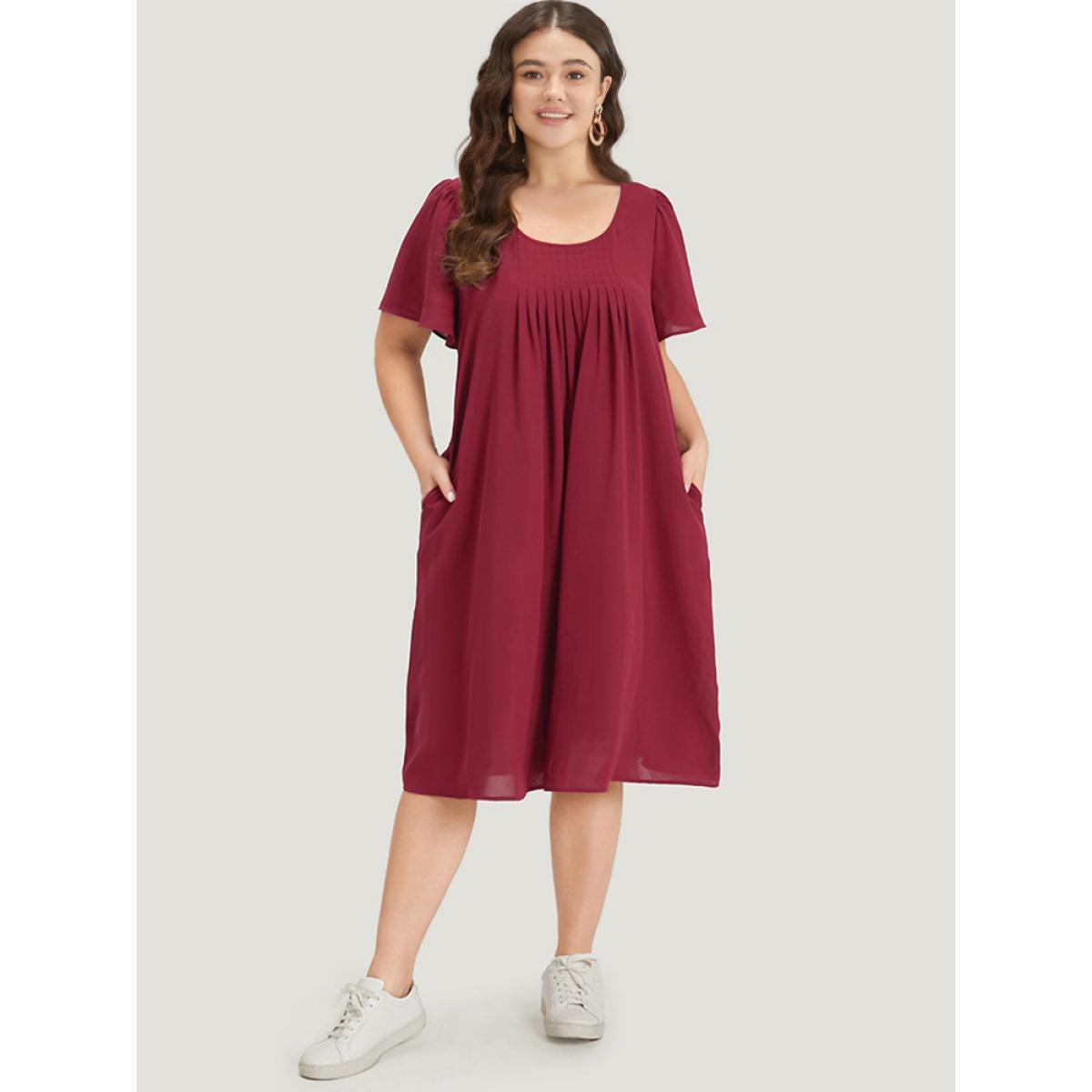 Plus Size Plain Plicated Detail Round Neck Ruffle Sleeve Dress Scarlet Women Casual Plain Round Neck Short sleeve Curvy Midi Dress BloomChic 18-20/2X Product Image