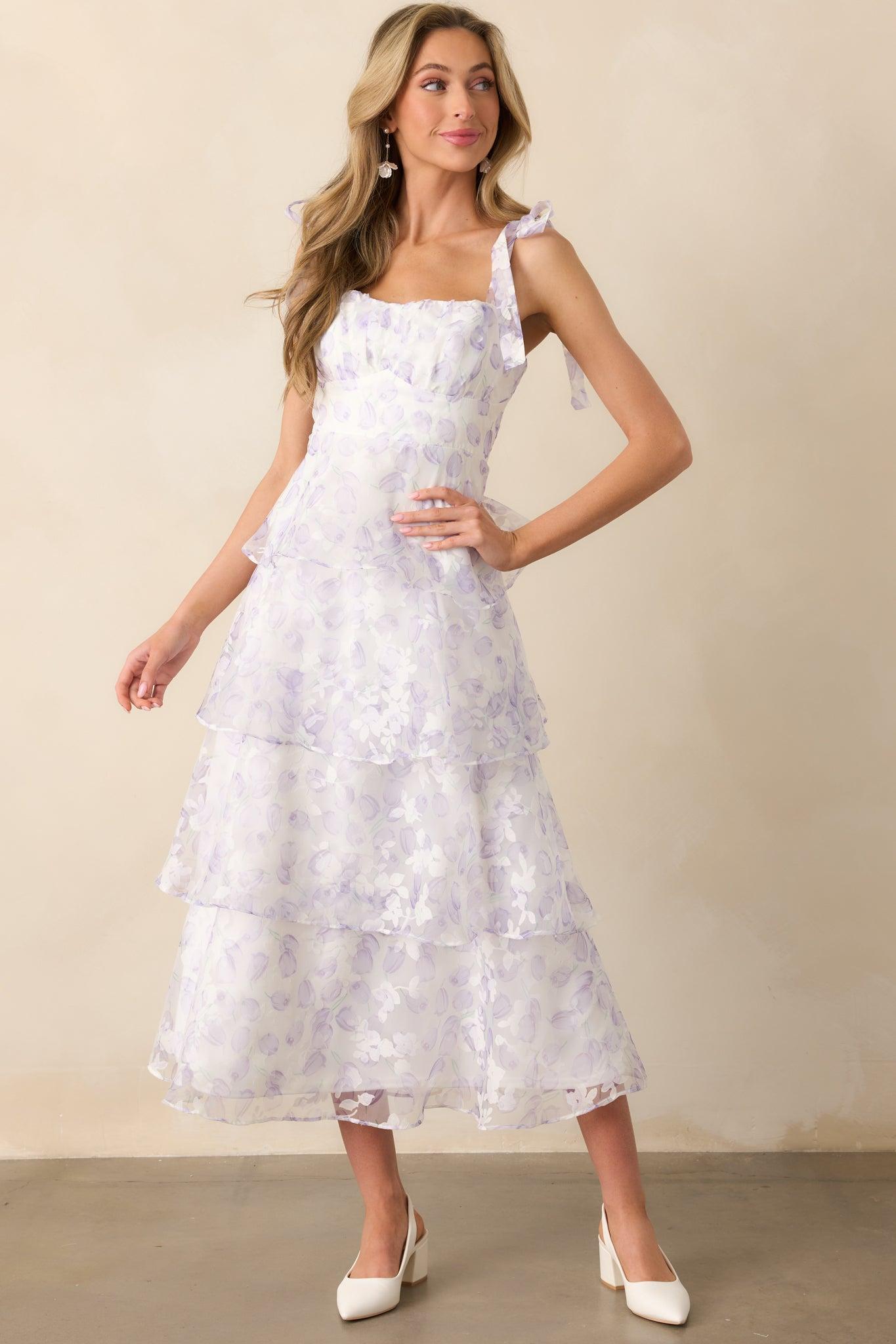 Living In Wonderland Lavender Tulip Floral Midi Dress Product Image