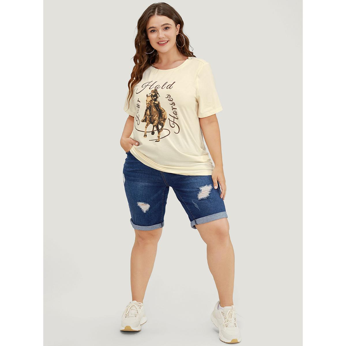 Plus Size Horse & Letter Print Round Neck Graphic Tee Apricot Women Casual Western Dailywear T-shirts BloomChic 18-20/2X Product Image