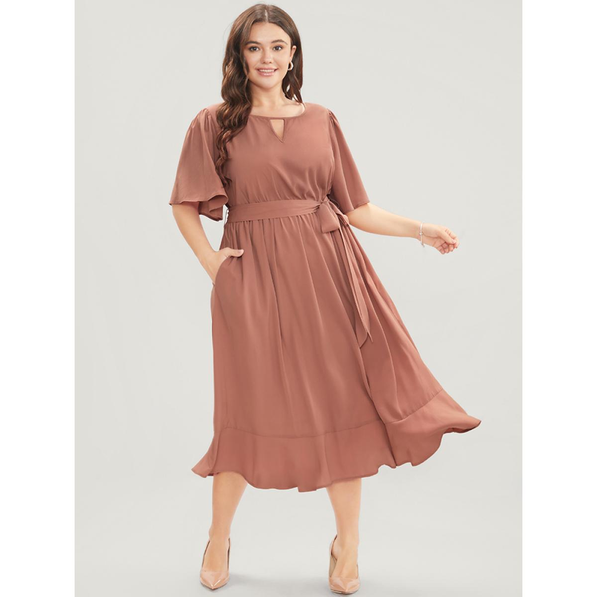 Plus Size Solid Keyhole Round Neck Pocket Belted Flutter Dress Salmon Women Office Belted Round Neck Half Sleeve Curvy Midi Dress BloomChic 30/6X Product Image