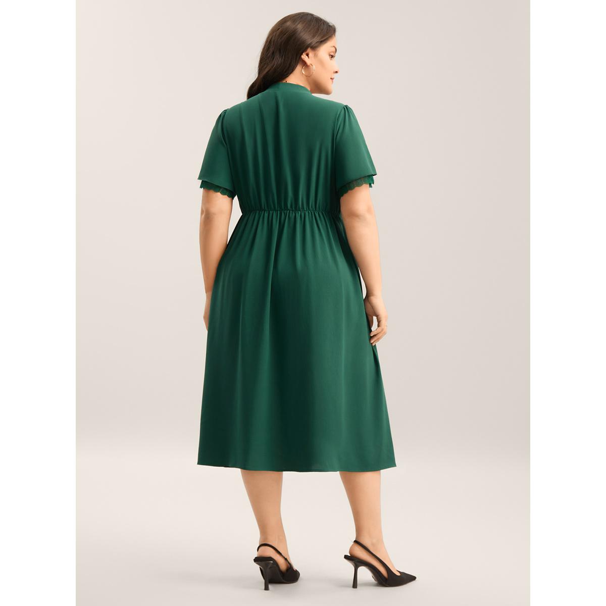 Plus Size Ribbon Neck Flared Sleeve Midi Dress DarkGreen Women Ribbon-tied collar Short sleeve Curvy BloomChic 10/M Product Image