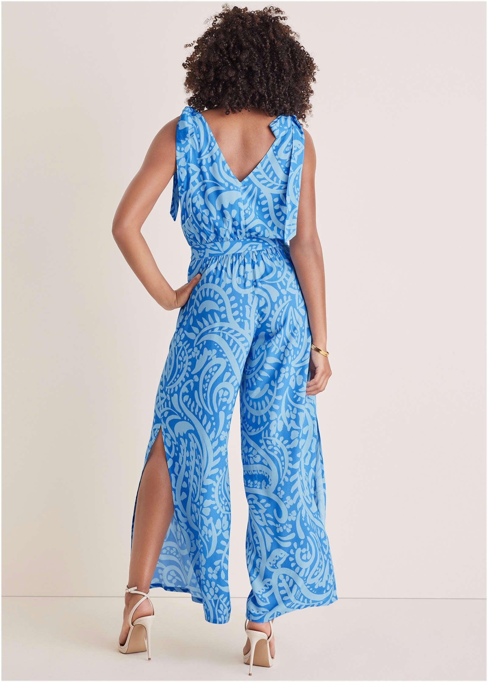 Tie-Strap Wide Leg Jumpsuit - Blue Allover Spring Paisley Product Image