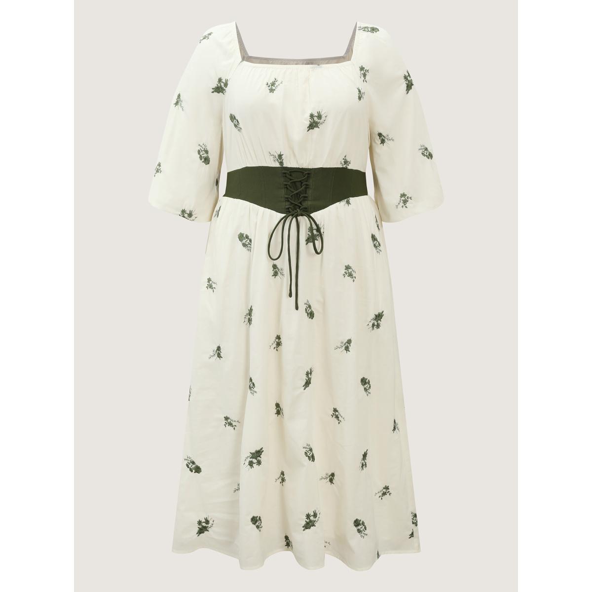 Plus Size 2-in-1 Embroidered Tulle Maxi Dress Ivory Women Romantic Texture Square Neck Elbow-length sleeve Curvy BloomChic 26/4X Product Image