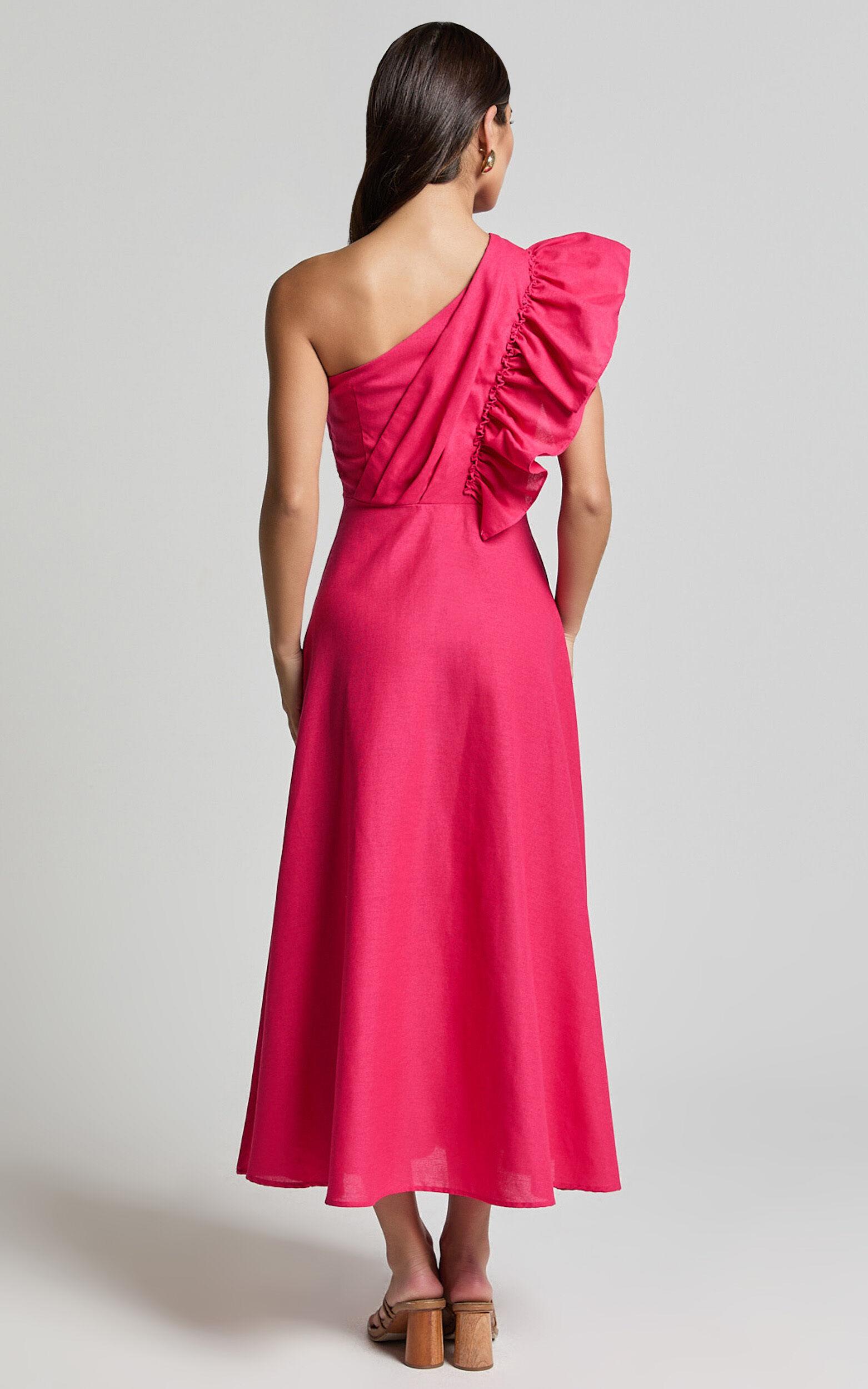 Dixie Midi Dress - Linen Look One Shoulder Ruffle Dress in Raspberry Product Image