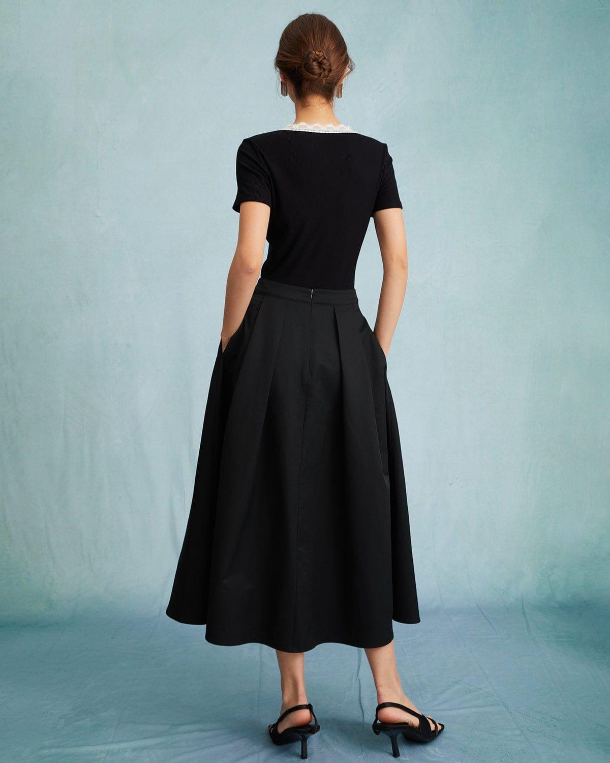 The Black High Waisted Pleated Midi Skirt Product Image