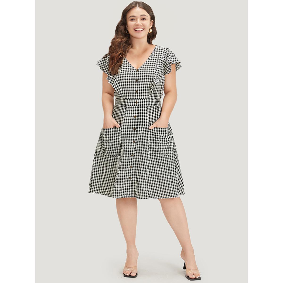 Plus Size Gingham Button Detail Pocket Ruffle Cap Sleeve Dress Black Women Elegant Button V-neck Cap Sleeve Curvy Knee Dress BloomChic 28/5X Product Image