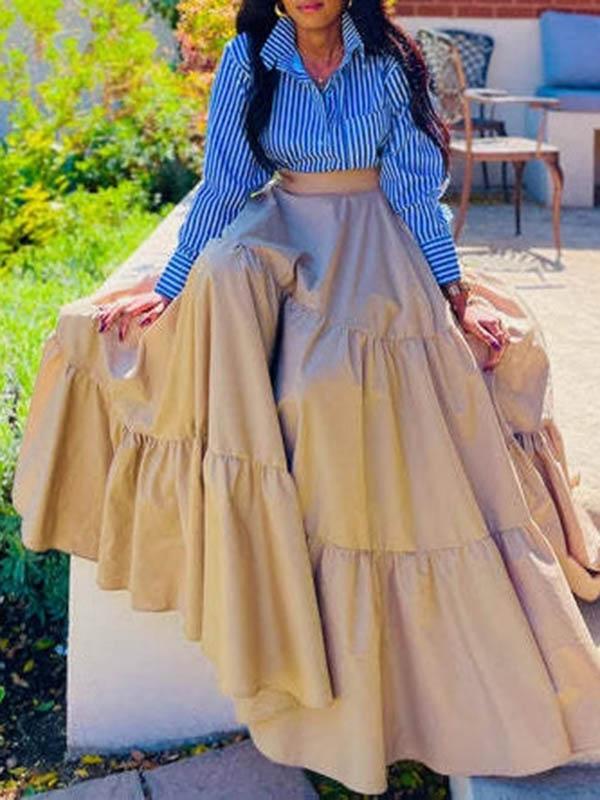 Split-Joint Striped Lapel Blouse + A-Line High Waisted Pleated Skirt Two Pieces Set Product Image