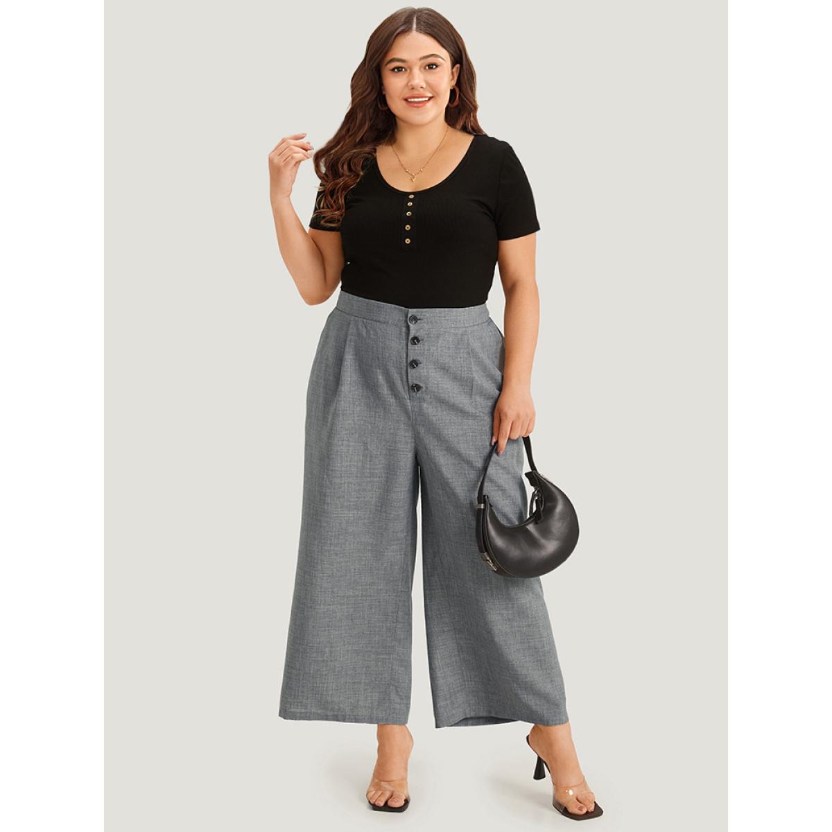 Plus Size Plain Pocket Button Detail Pleated Pants Women DarkGray Office Straight Leg High Rise Work Pants BloomChic 18-20/2X Product Image