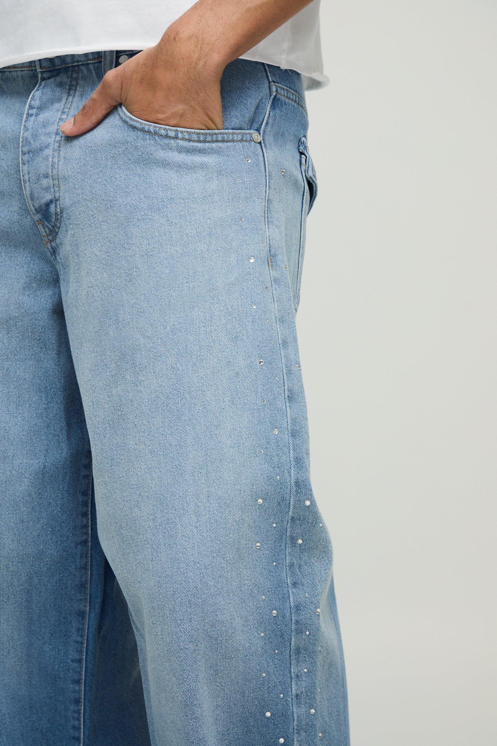 Rigid Baggy Rhinestone Washed Jeans | boohooMAN USA Product Image