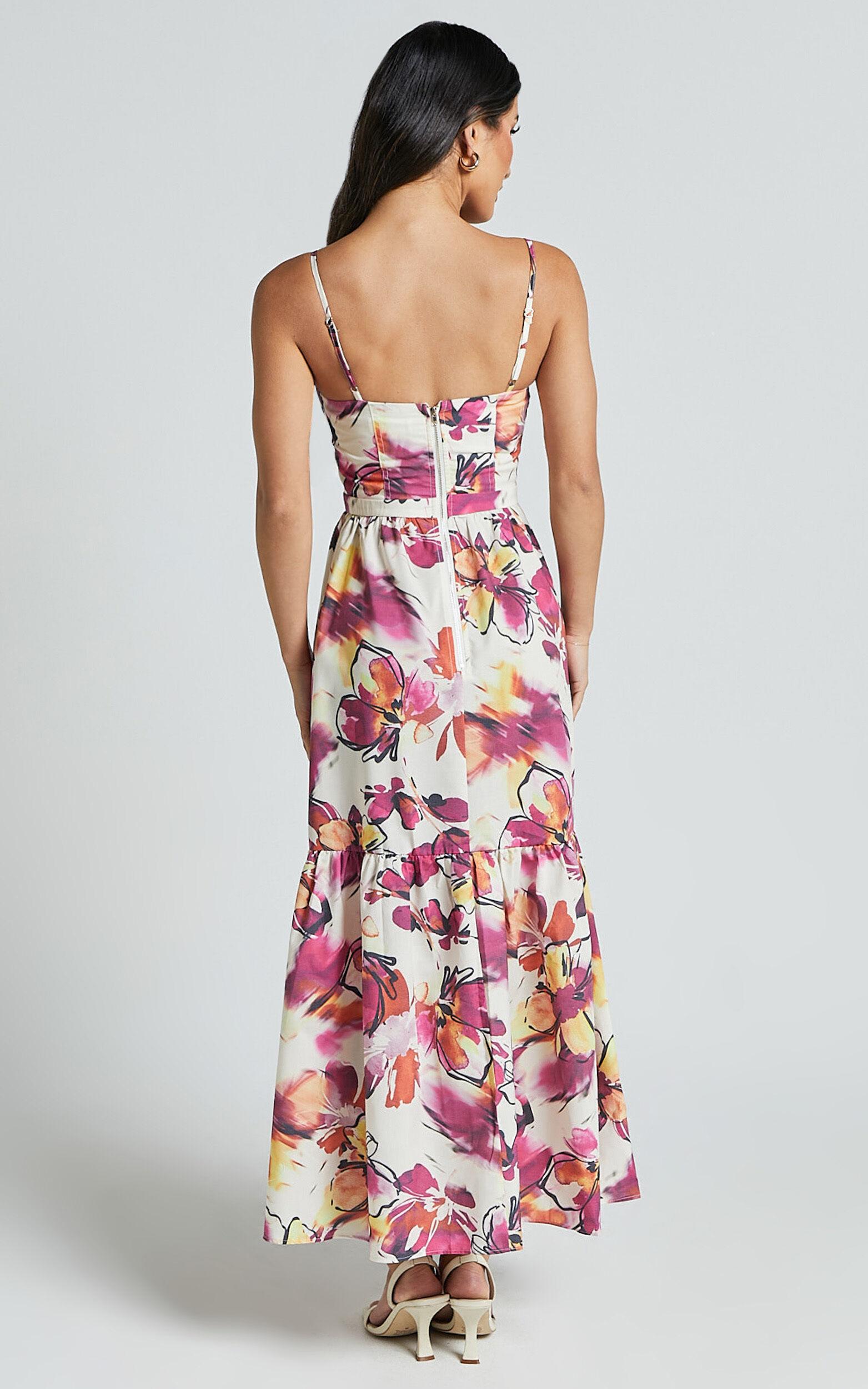 Adara Midi Dress - Strappy Bustier Dress in Dahlia Dusk Floral Product Image