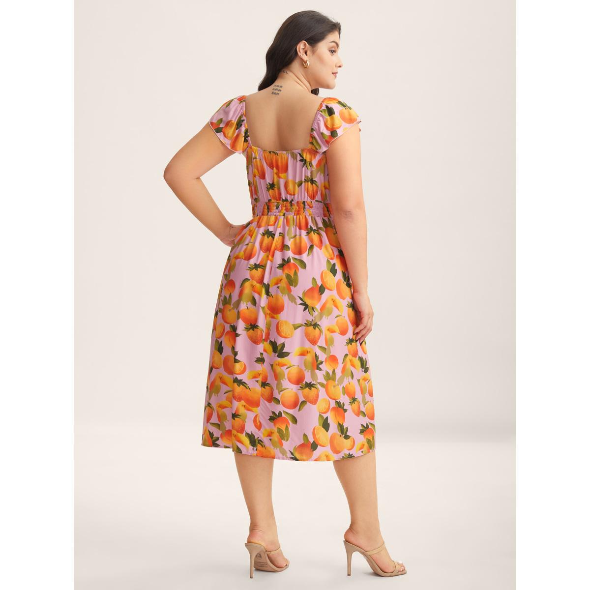 Plus Size Citrus Print Pleated Sweetheart Midi Dress Brightorange Women Heart neckline Cap Sleeve Curvy BloomChic 12/L Product Image