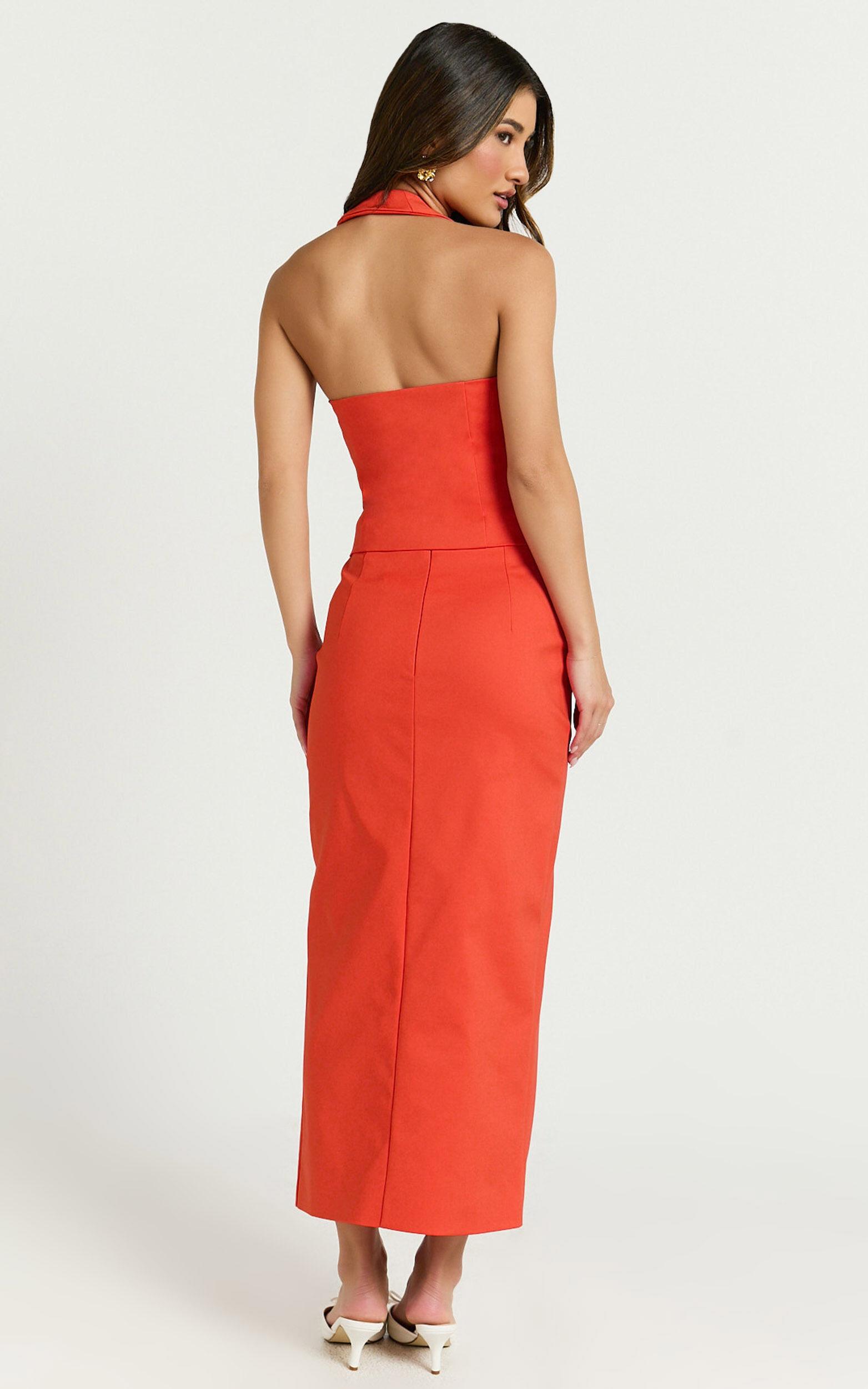 Kai Midi Skirt - Mid Waisted Front Split Fitted Skirt in Orange Product Image