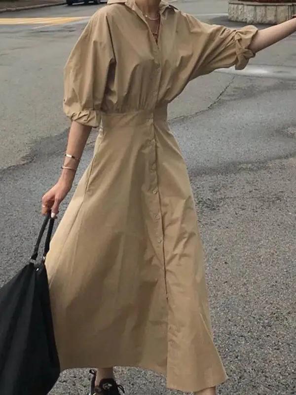 Loose Puff Sleeves Pleated Solid Color Split-Joint Lapel Maxi Dresses Shirt Dress Product Image