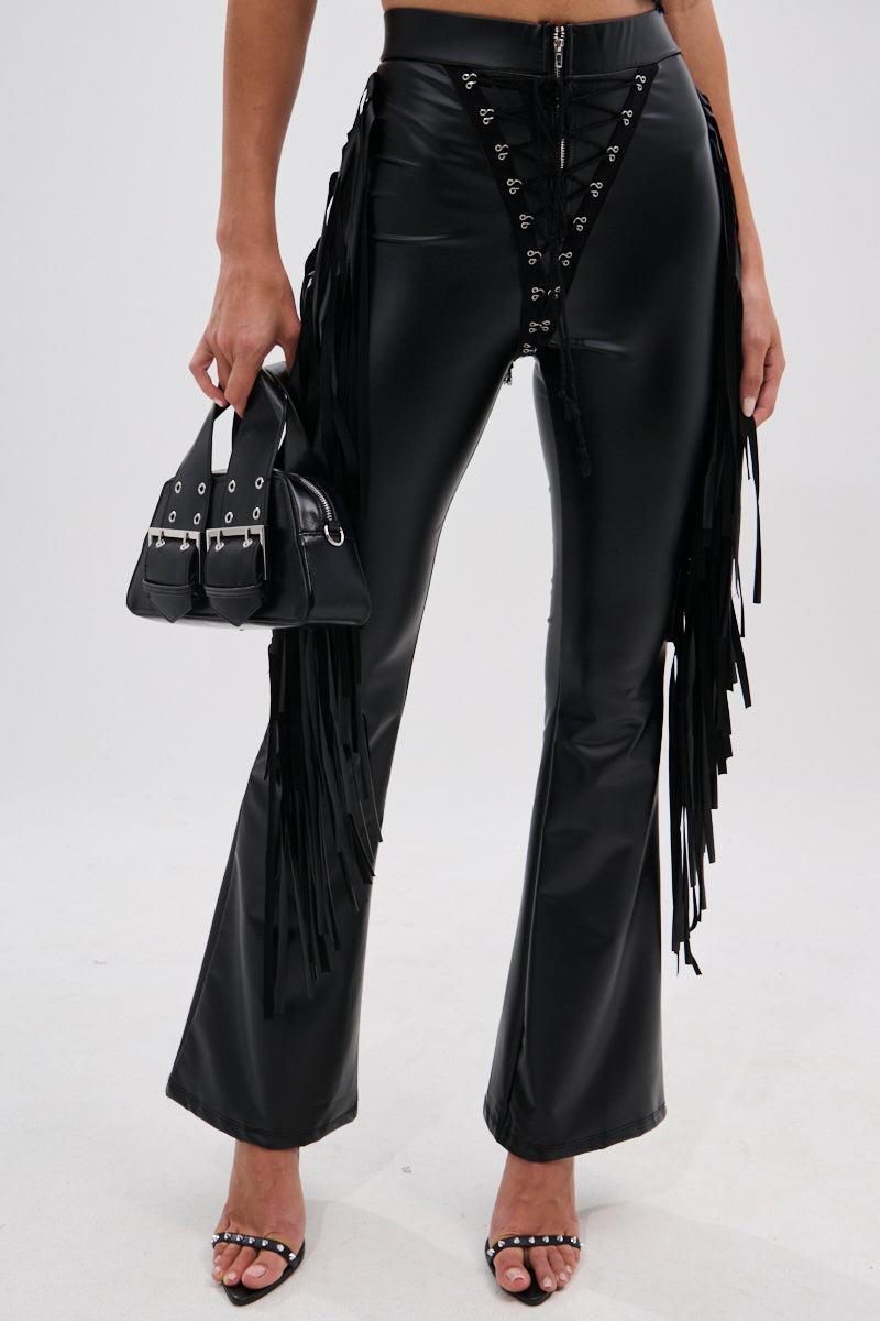 SHOW TIME FAUX LEATHER FLARE PANT WITH LACE UP Product Image