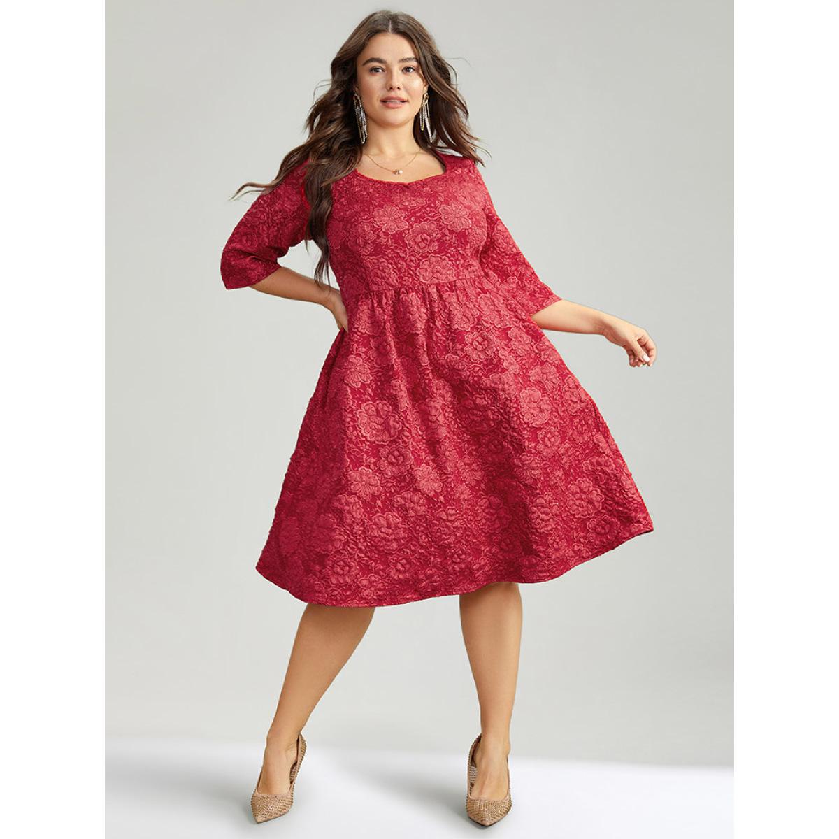 Plus Size Plain Textured Square Neck Pocket Dress Raspberry Women Party Texture Square Neck Elbow-length sleeve Curvy Knee Dress BloomChic 12/L Product Image