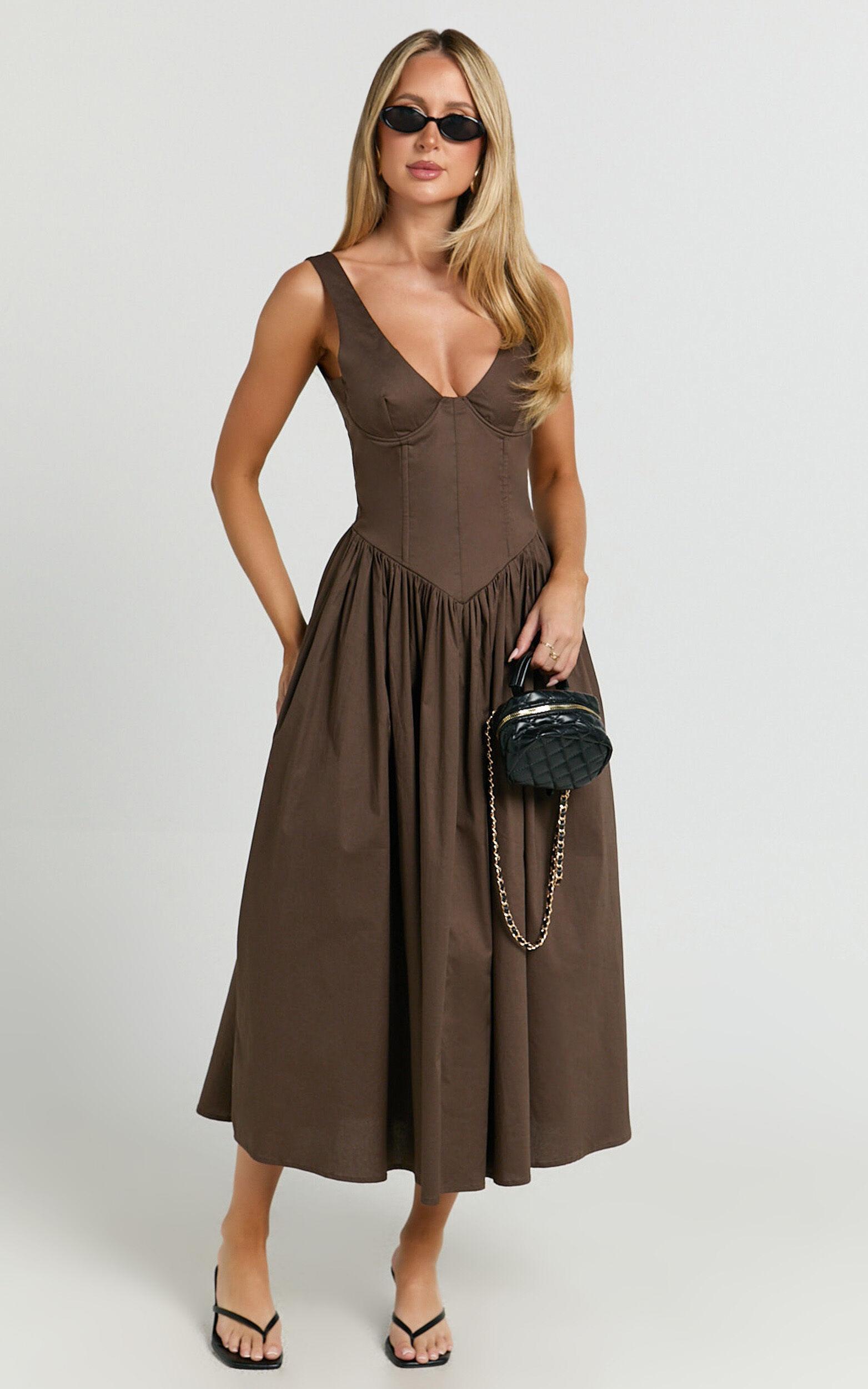 Beckett Midi Dress - Scoop Neck Drop V Waist Gathered Skirt Dress in Dark Chocolate Product Image