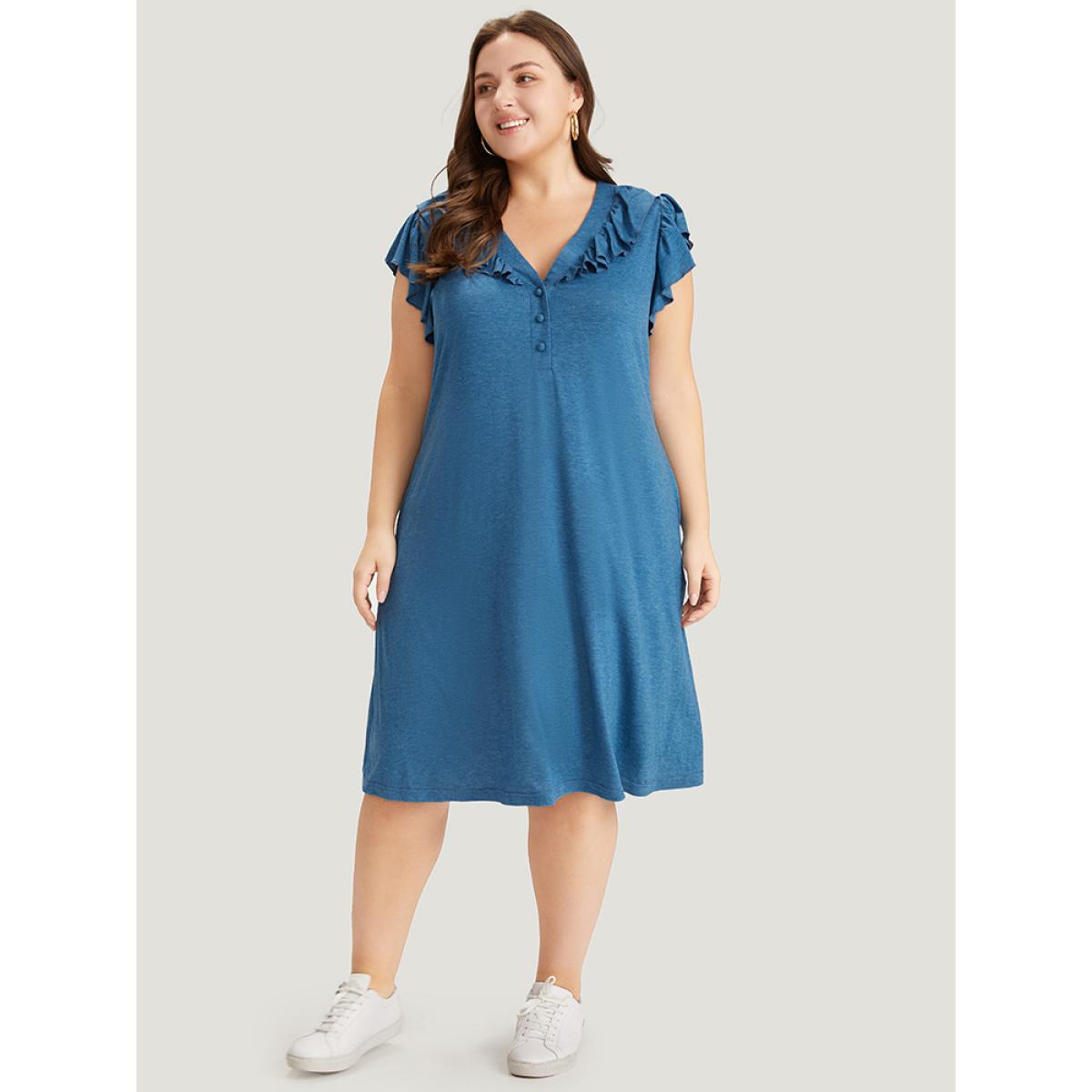 Plus Size Supersoft Essentials Plain Pocket Button Through Flutter Dress Aegean Women Casual Button V-neck Cap Sleeve Curvy Midi Dress BloomChic 10/M Product Image