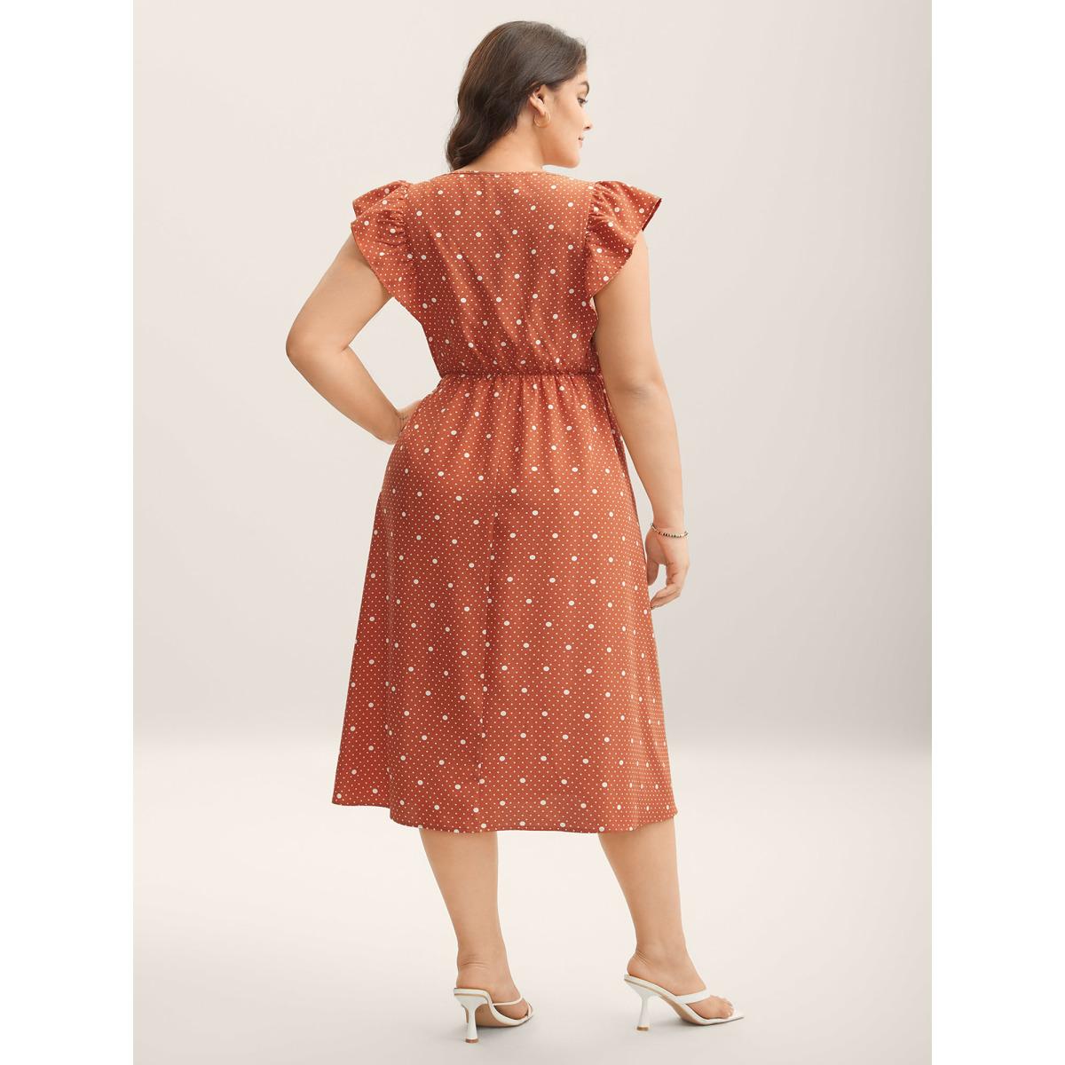 Plus Size Polka Dots Ruffled Cinched-Waist Dress Coral Women V-neck Short sleeve Curvy BloomChic 18-20/2X Product Image