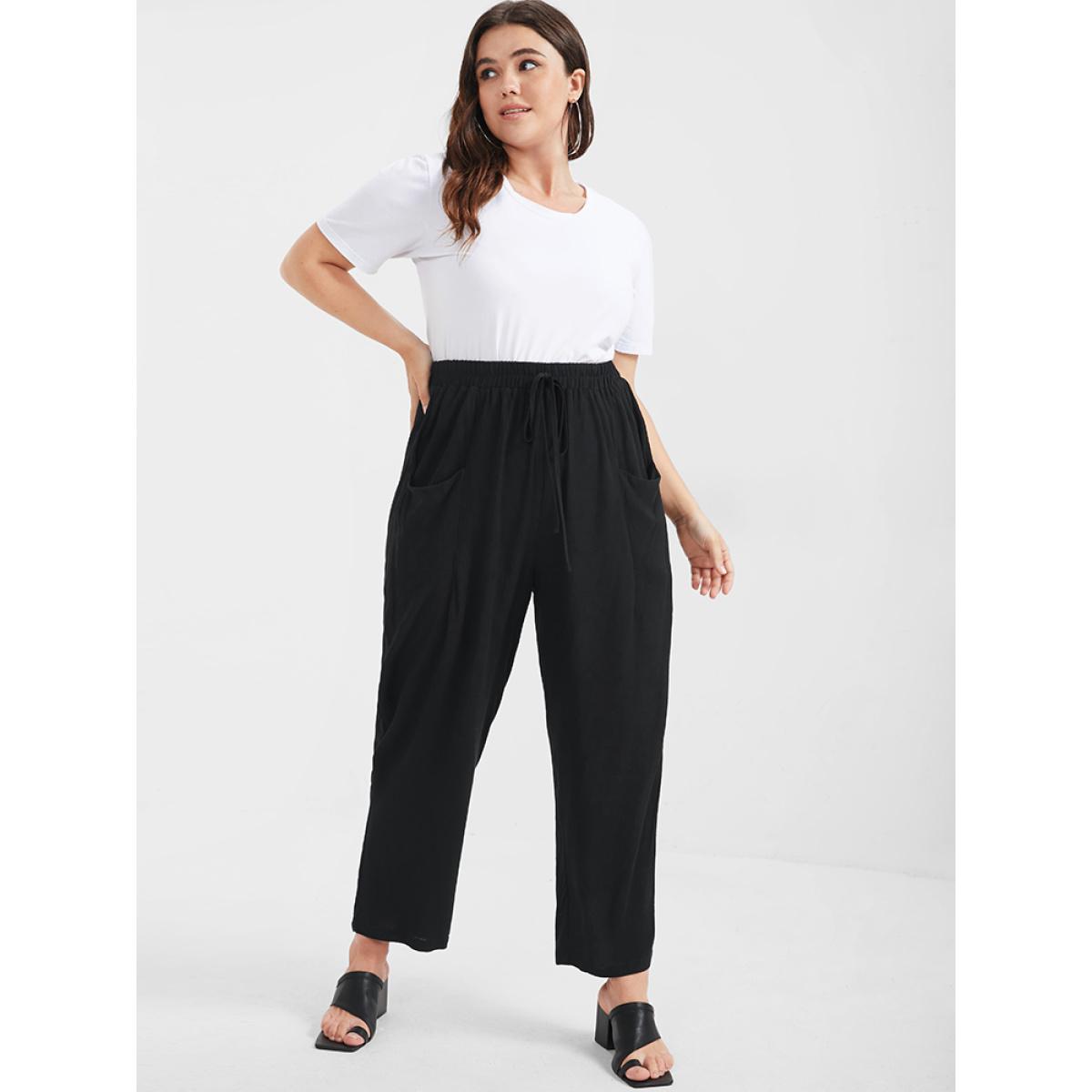 Plus Size Solid Ties Elastic Waist Pocket Pants Women Black Casual Harem High Rise Dailywear Pants BloomChic 22-24/3X Product Image
