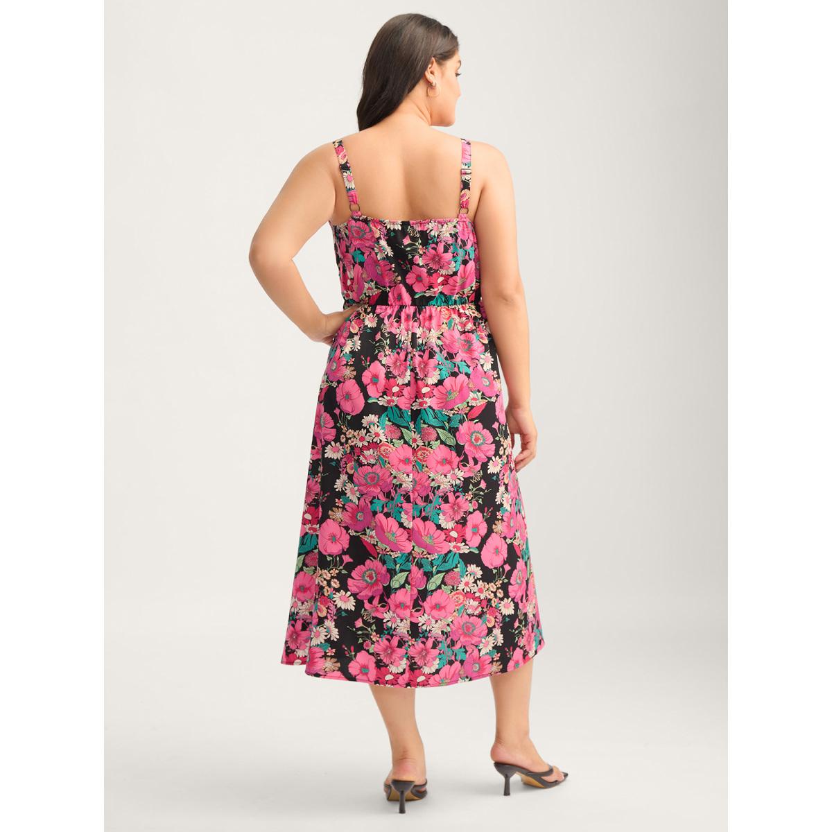 Plus Size Pleated Side Pockets Floral Midi Dress Black Women Tucked seam Non Sleeveless Curvy BloomChic 28/5X Product Image