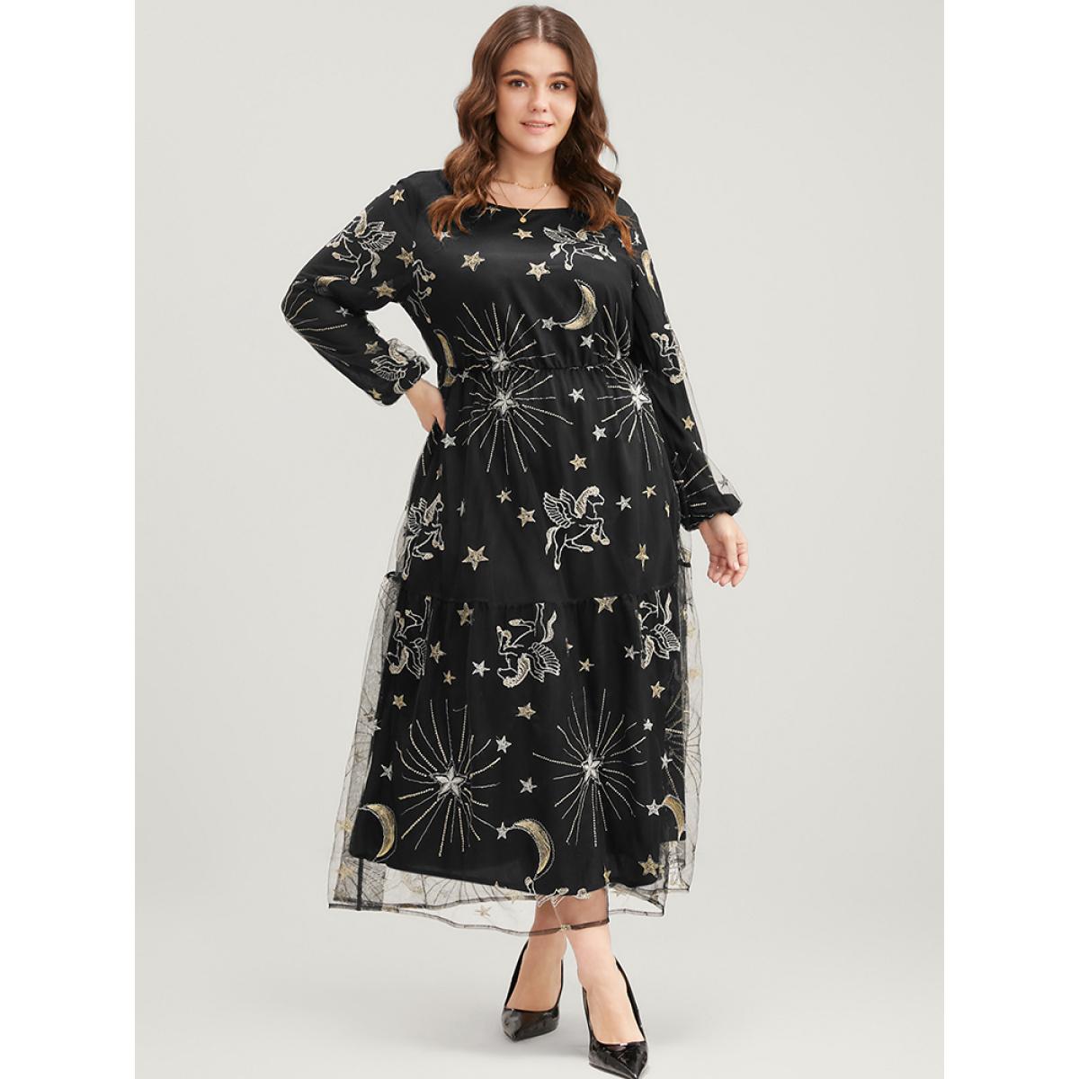 Plus Size Moon And Star Pocket Lantern Sleeve Embroidered Mesh Dress Black Women Party Round Neck Long Sleeve Curvy Long Dress BloomChic 14-16/1X Product Image