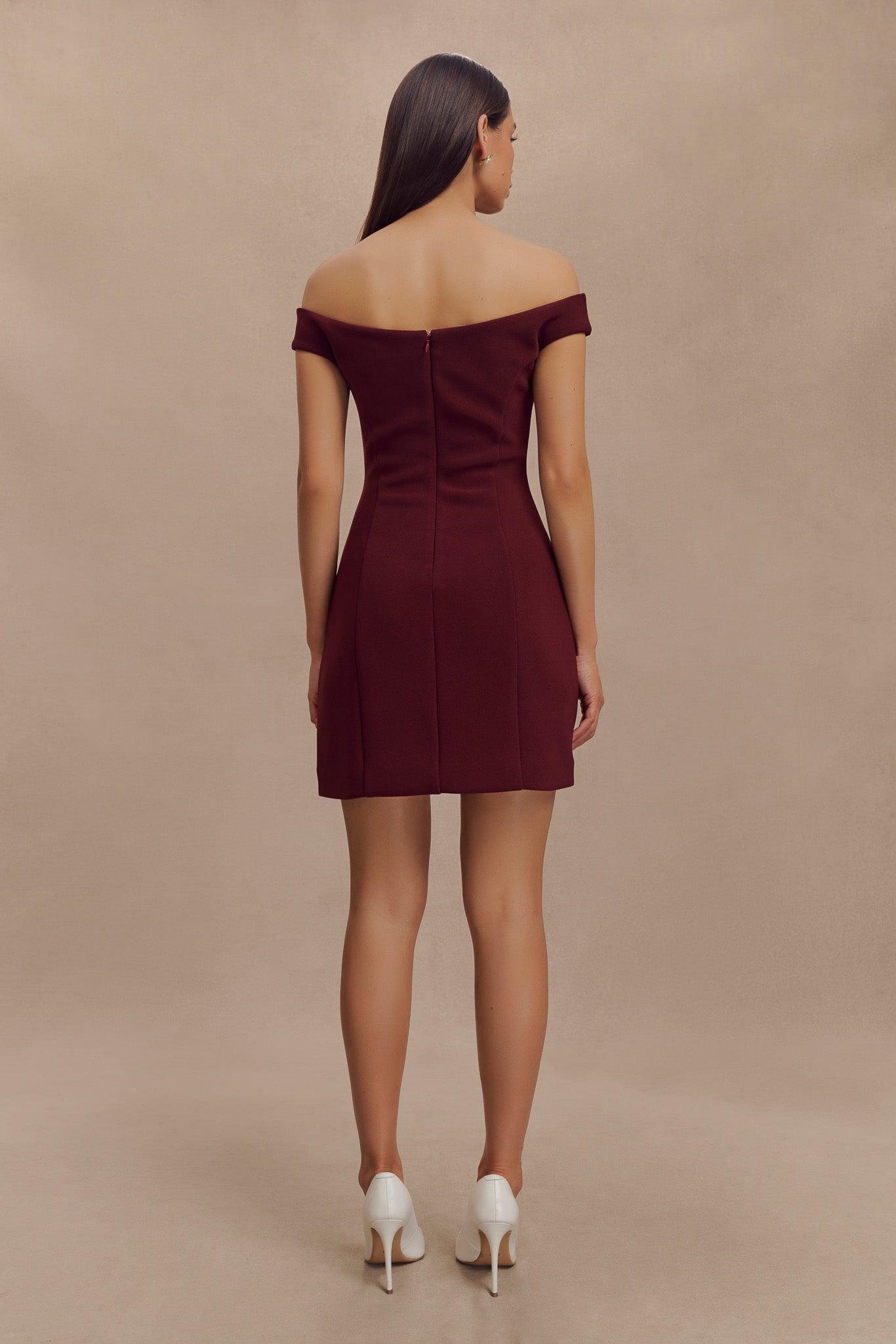 Cassidy Crepe Off Shoulder Mini Dress - Merlot Product Image