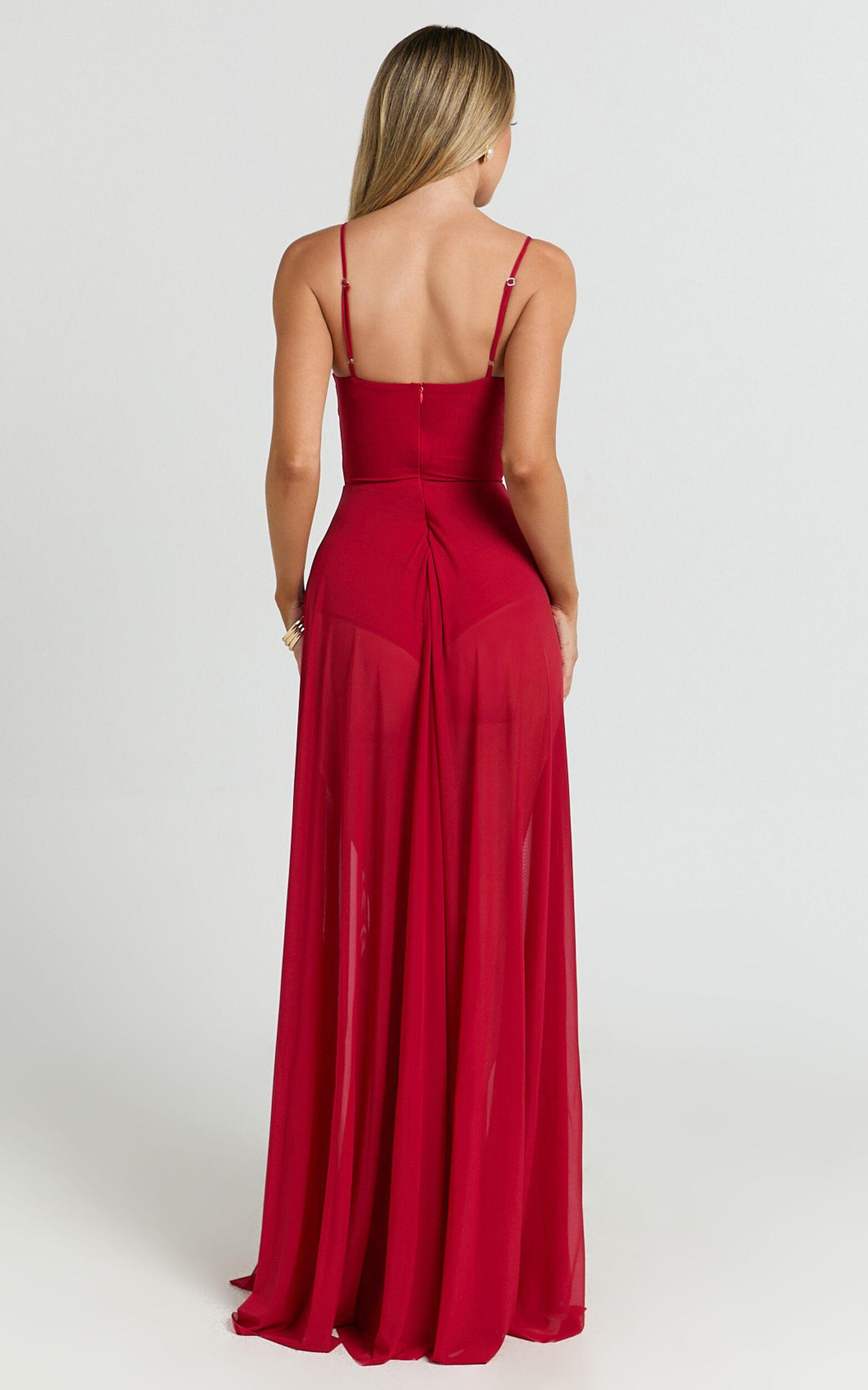 Kreanna Maxi Dress - Adjustable Strap Ruched Bodice Fit And Flare Dress in Red Product Image