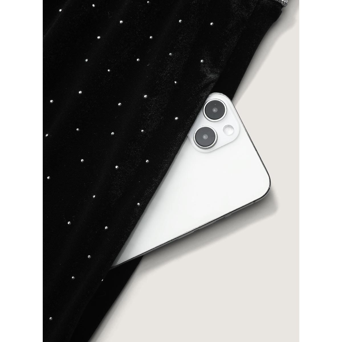 Plus Size Velvet Rhinestone Cinched-Waist Pockets Midi Dress Black Women Party&Cocktail Rhinestone detailing V-neck Long Sleeve Curvy BloomChic 30/6X Product Image