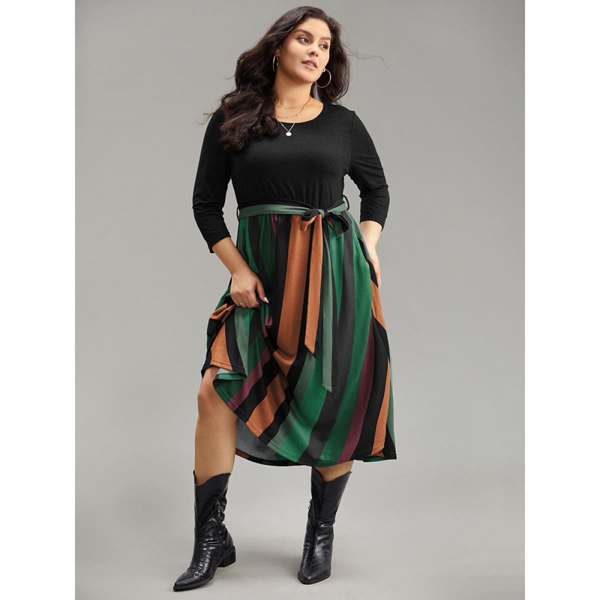Plus Size Striped Contrast Patchwork Belted Dress Black Women Casual Belted Round Neck Elbow-length sleeve Curvy Midi Dress BloomChic 30/6X Product Image