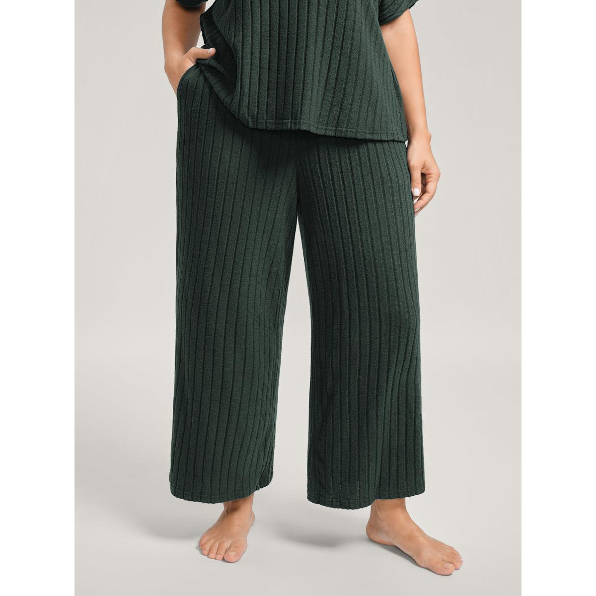 Plus Size Stretchy Pit Strip Solid Loungewear Set Women DarkSlateGray Texture Short sleeve Round Neck Leisure Loungewear Sets BloomChic 18-20/2X Product Image