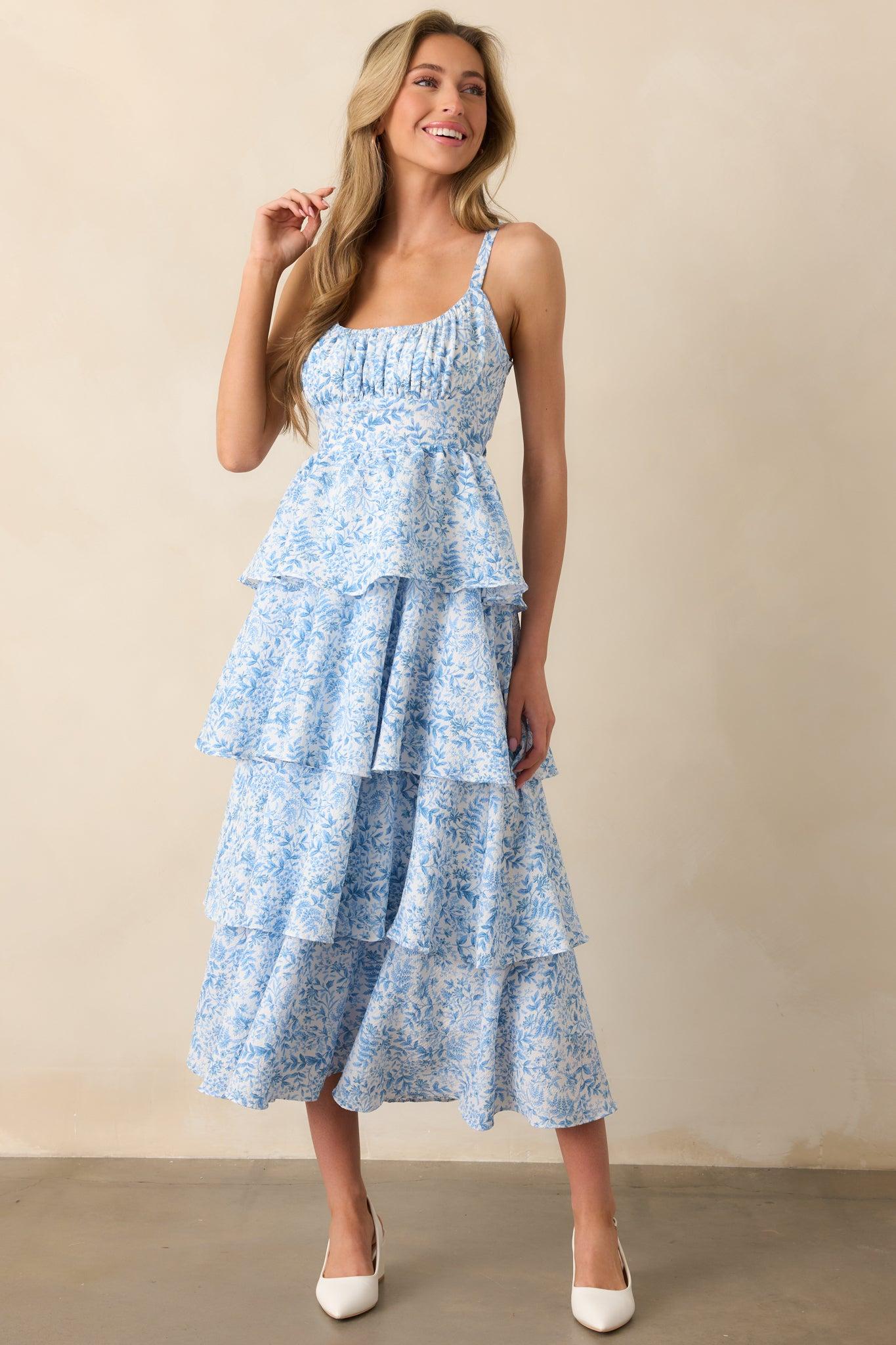 Little Bit Of Sunshine Blue Floral Tiered Maxi Dress Product Image