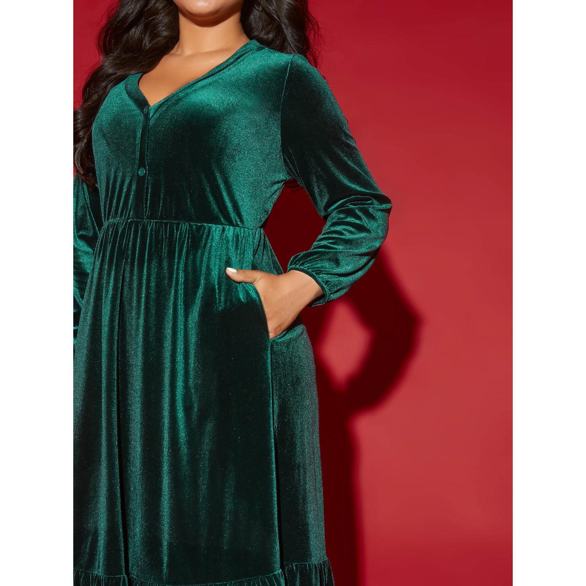 Plus Size Velvet Front Button Pleated Midi Dress DarkGreen Women Cocktail Texture V-neck Long Sleeve Curvy BloomChic 12/L Product Image