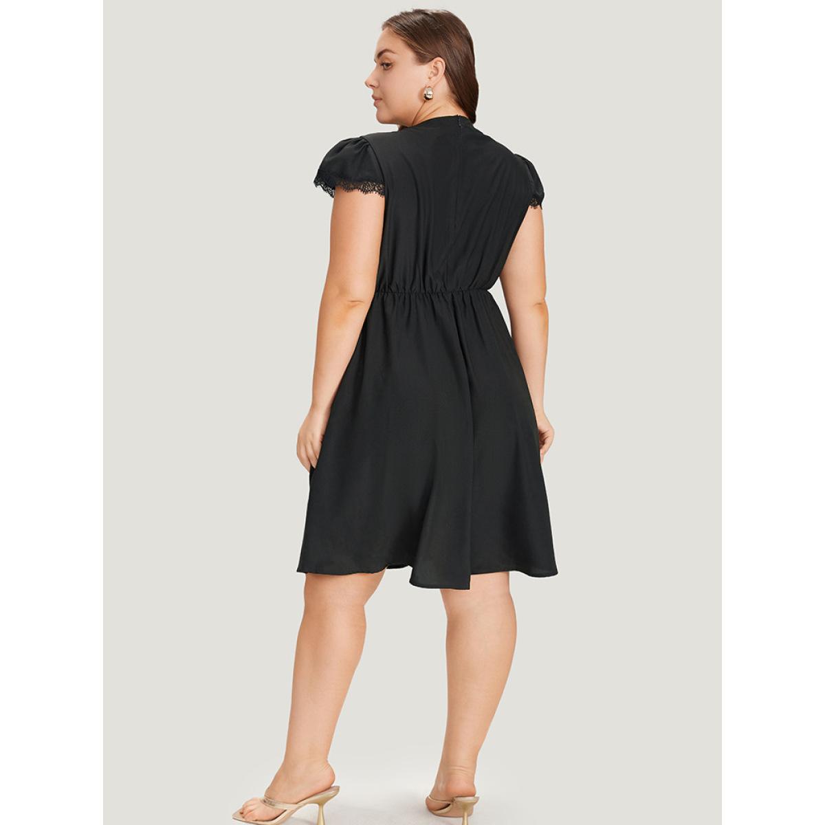 Plus Size Crochet Lace Keyhole Cap Sleeve Gathered Dress Black Women Elegant Round Neck Cap Sleeve Curvy Knee Dress BloomChic 22-24/3X Product Image