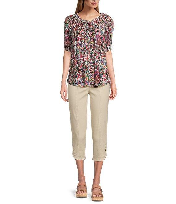 Intro Petite Size Crinkle Gauze Printed Scoop Neck Elbow Sleeve Button Front Peasant Top Product Image