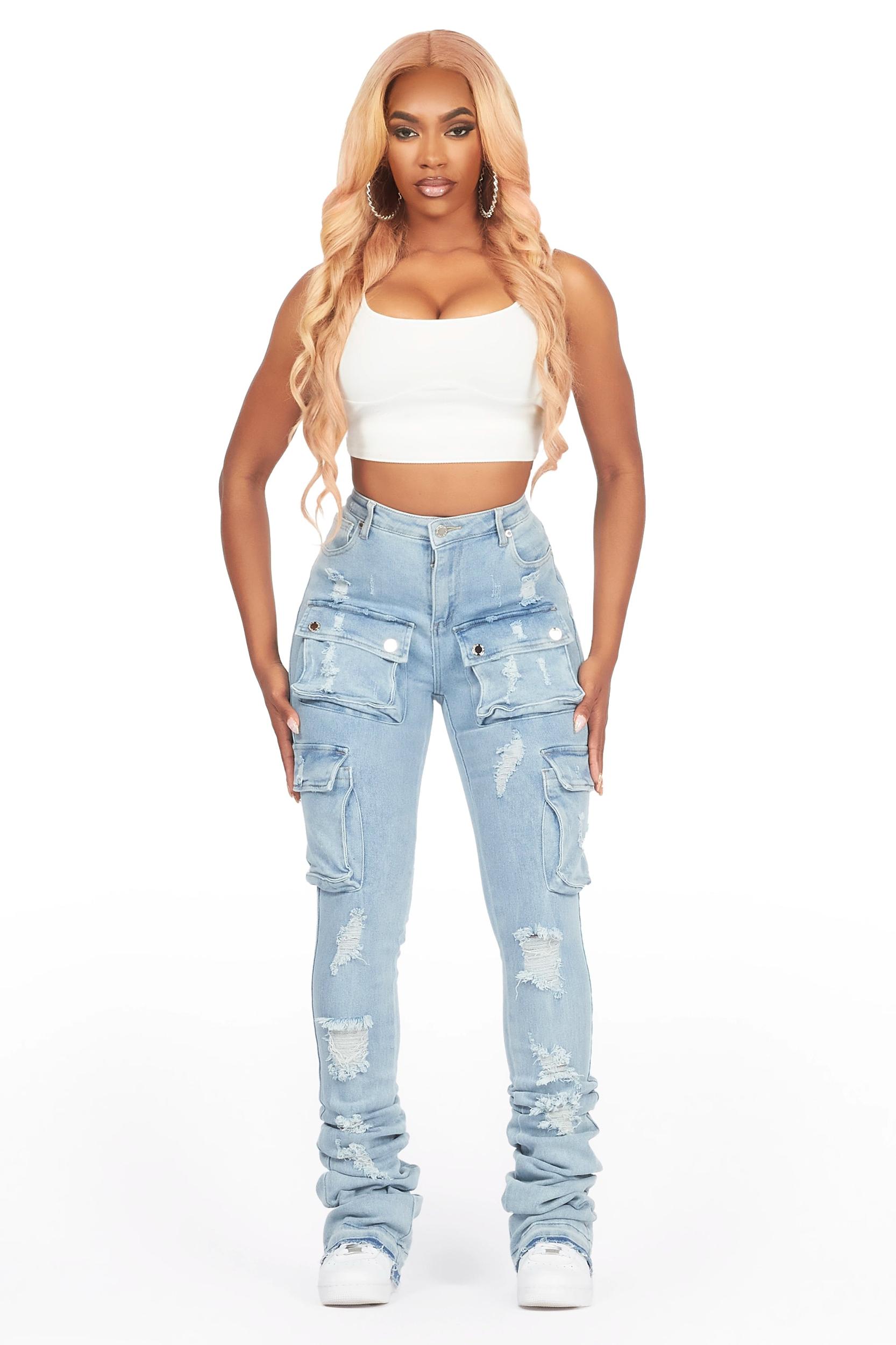 Noor Light Wash Cargo Super Stacked Jean Female Product Image