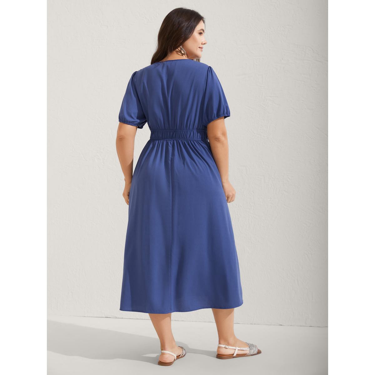 Plus Size Embroidered Hem Stretchy Waist Midi Dress Cerulean Women Non Short sleeve Curvy BloomChic 14-16/1X Product Image