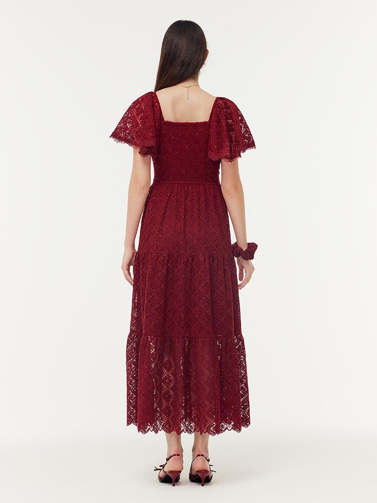 Lace Openwork Gathered Waist Women Tiered Maxi Dress With Scrunchie Product Image