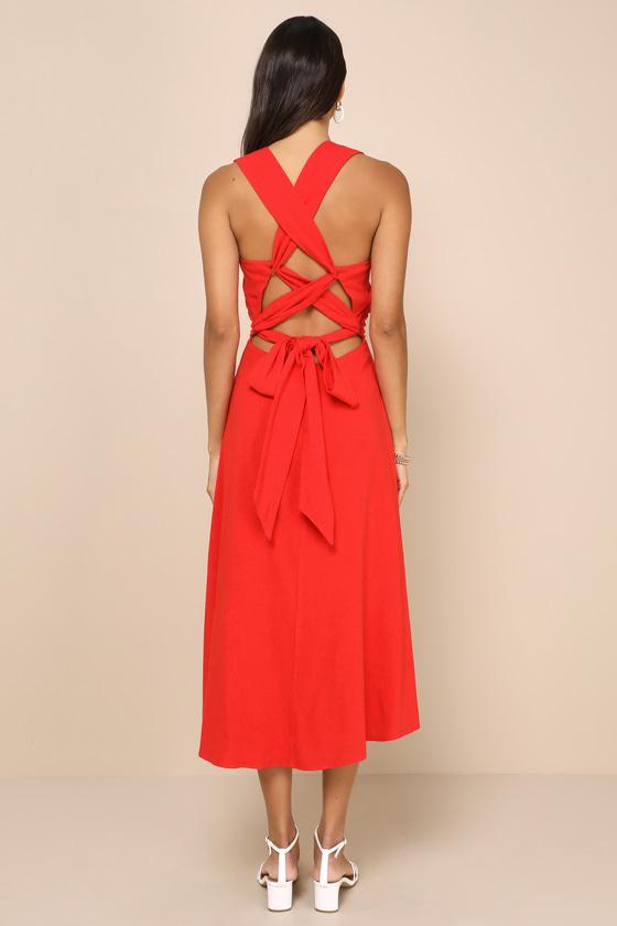 Sunny Energy Red Lace-Up Midi Dress with Pockets Product Image