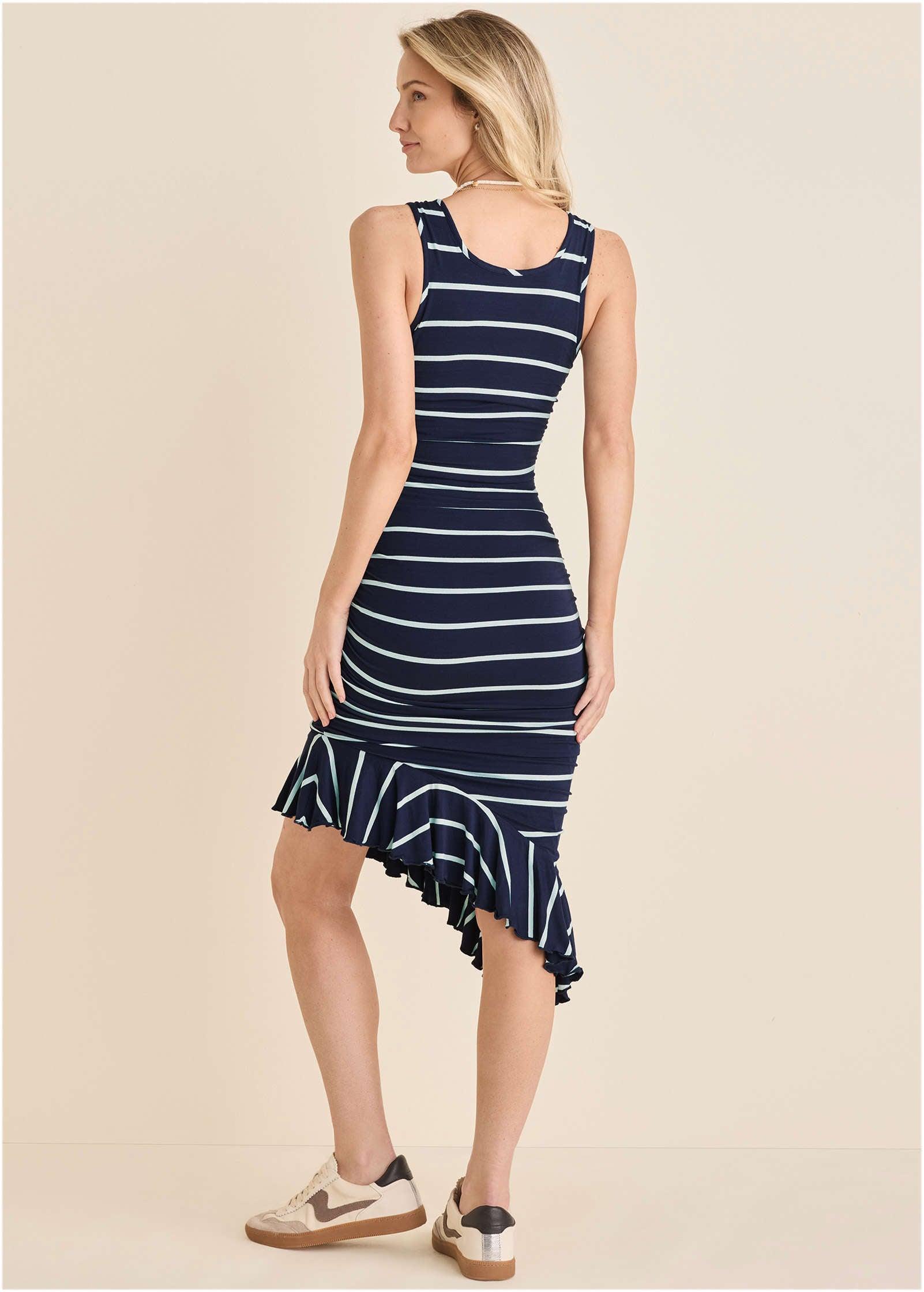 Ruffle Hem High-Low Dress - Navy & White Product Image