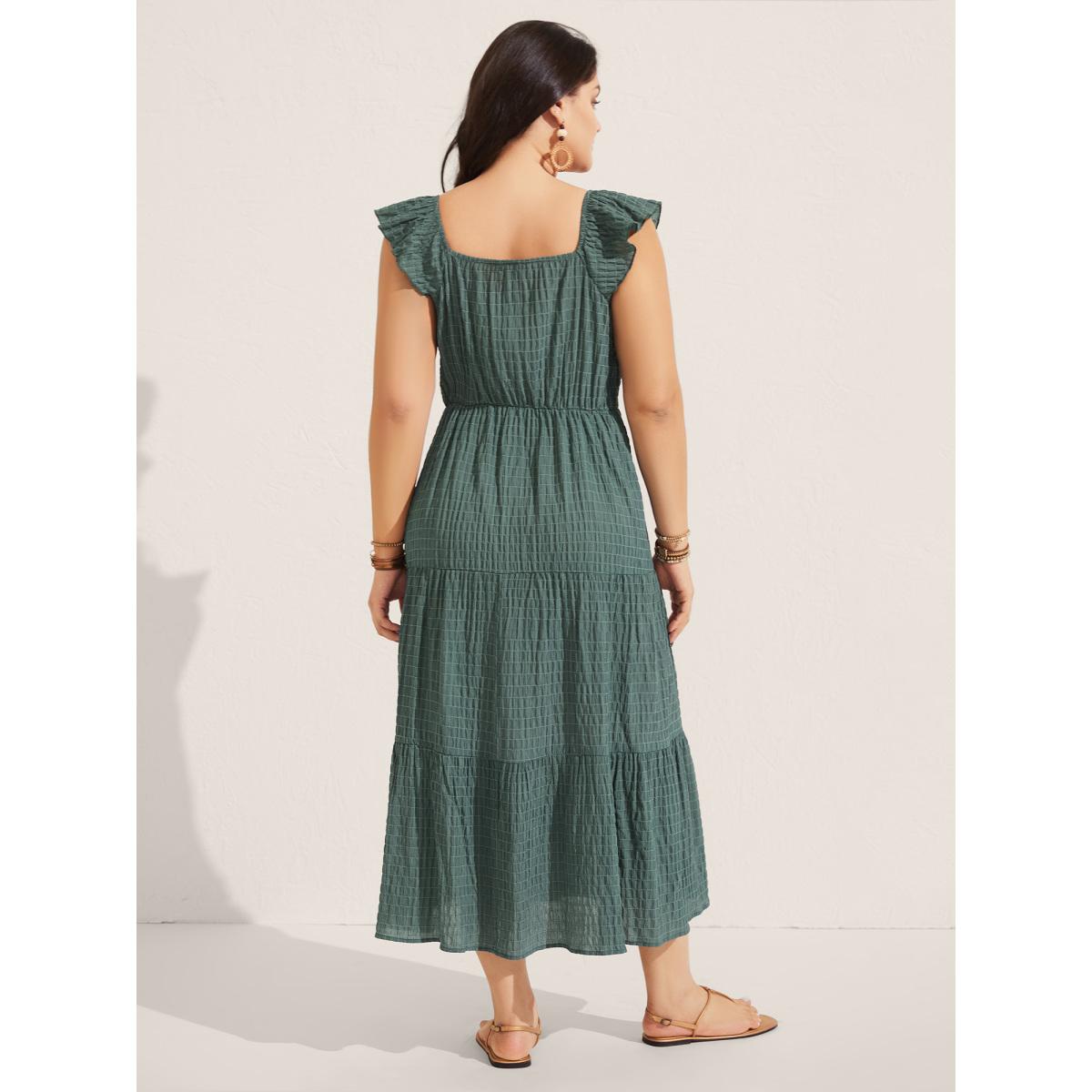 Plus Size Textured Ruffled Neck Pockets Midi Dress Emerald Women Boho Square Neck Sleeveless Curvy BloomChic 22-24/3X Product Image