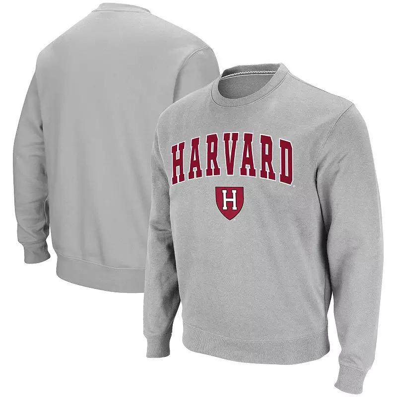 Men's Colosseum Gray Harvard Crimson Team Arch & Logo Tackle Twill Pullover Sweatshirt,  Product Image