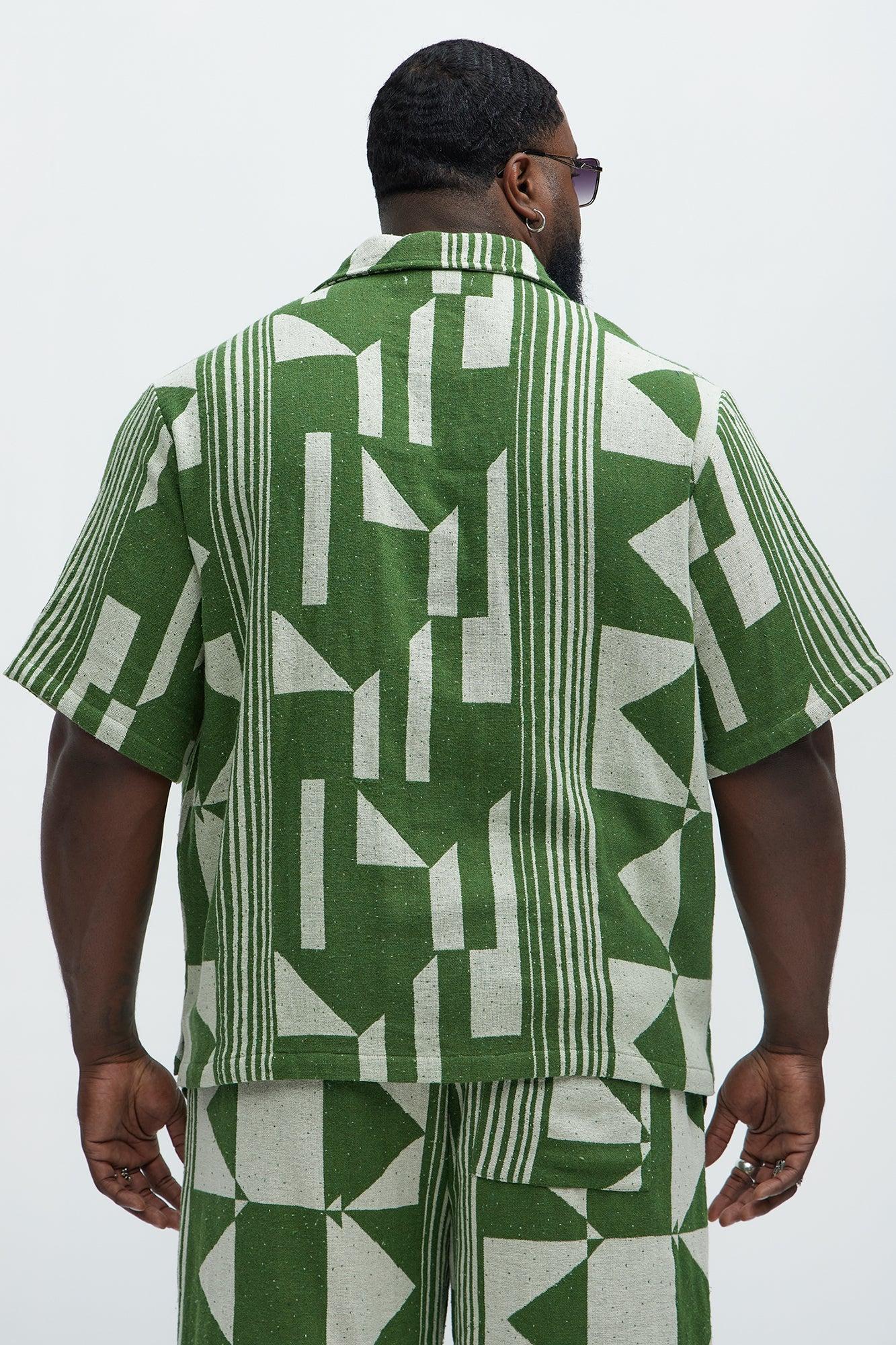 Abstract Cuban Collar Button Down Shirt - Olive/combo Product Image