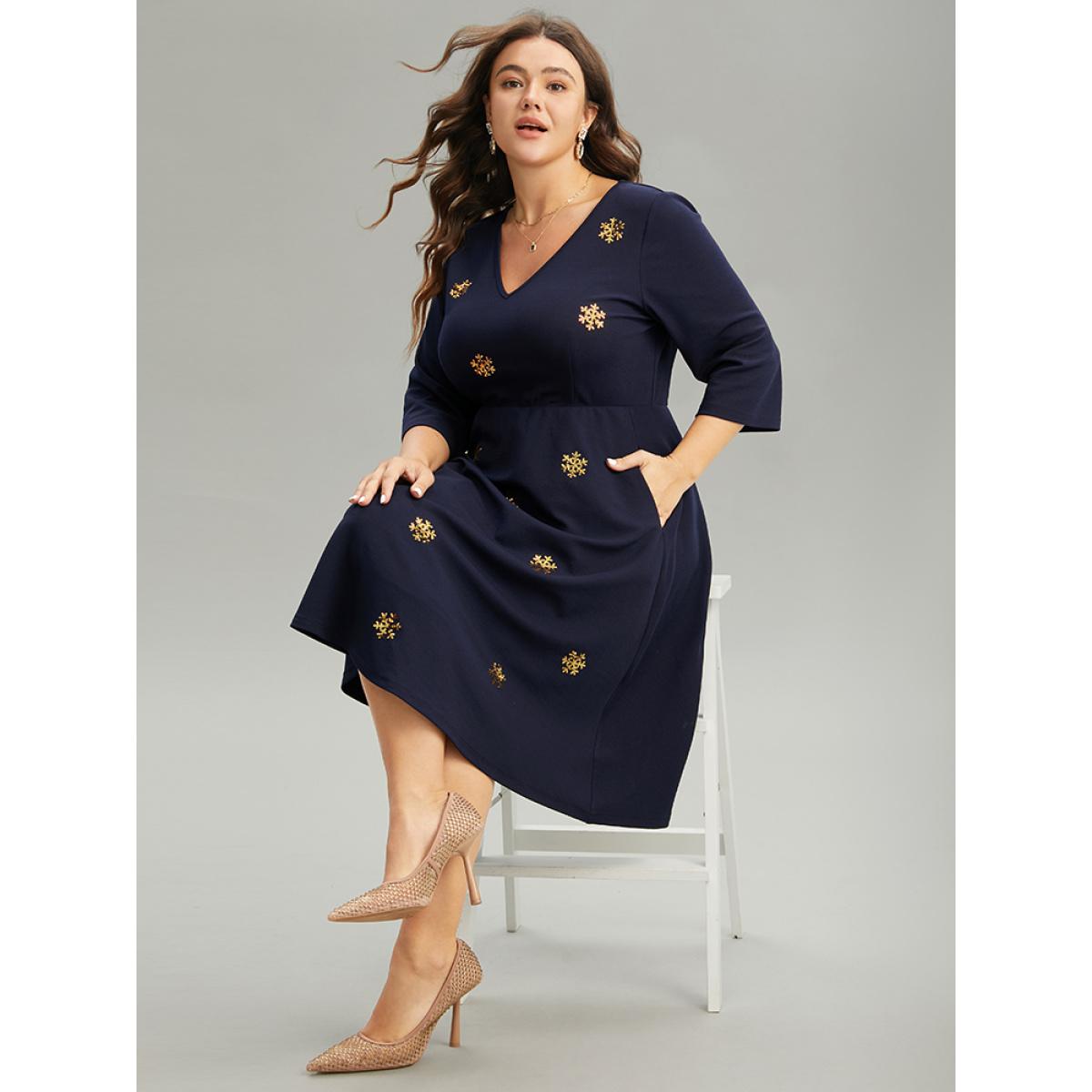 Plus Size Snowflake Sequin Embroidered Pocket Dress Midnight Women Party Sequin V-neck Elbow-length sleeve Curvy Midi Dress BloomChic 12/L Product Image