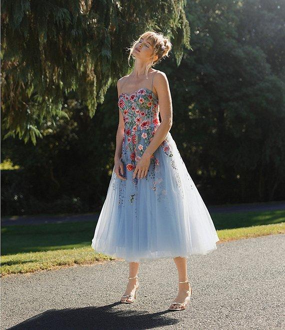 Mac Duggal Embroidered Mesh Floral Sweetheart Neck Sleeveless A-Line Midi Dress Product Image